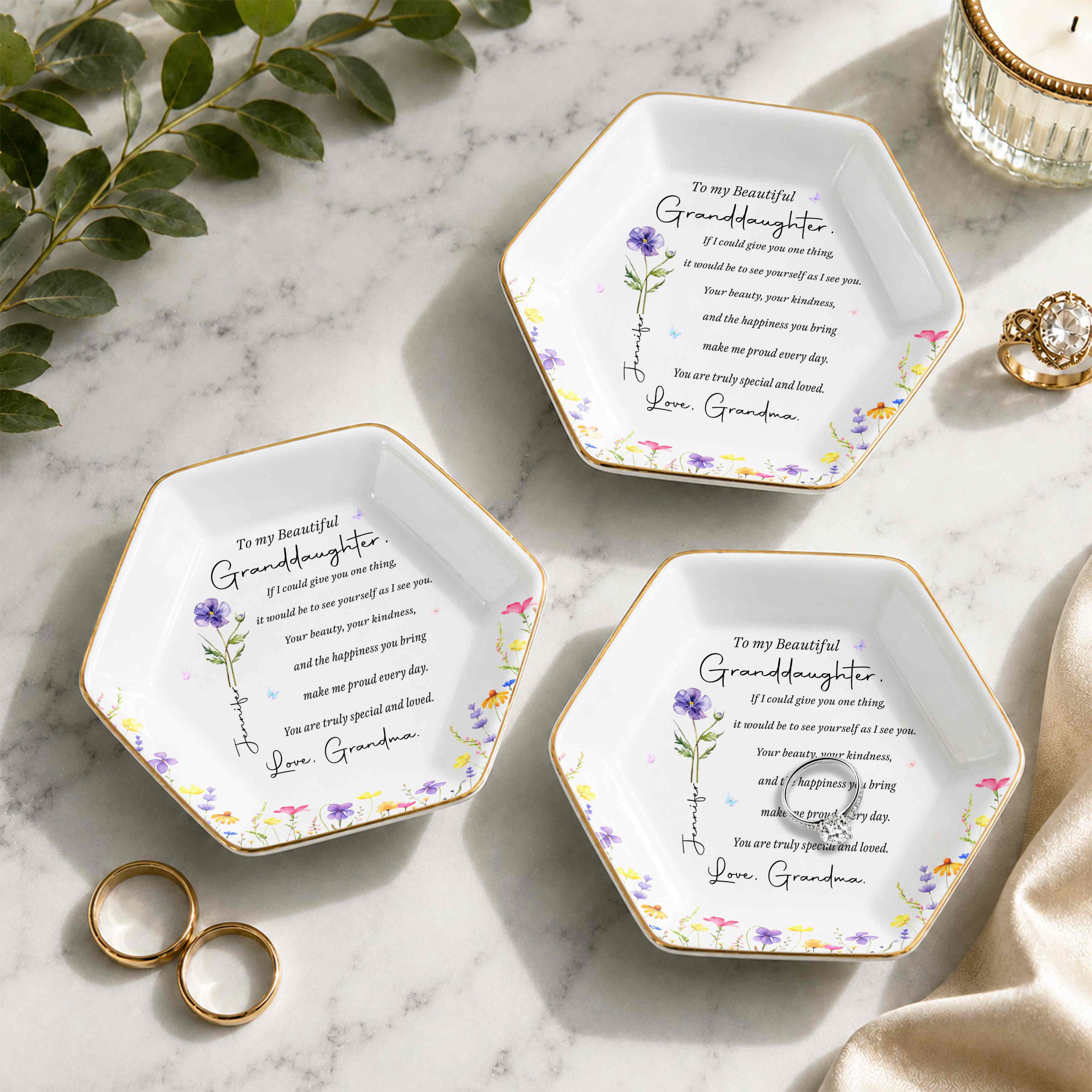 To My Beautiful Granddaughter Special And Loved Flower Design - Personalized Custom Jewelry Dish, Ceramic Dish, Hexagonal Shape - GDT808_HECRD