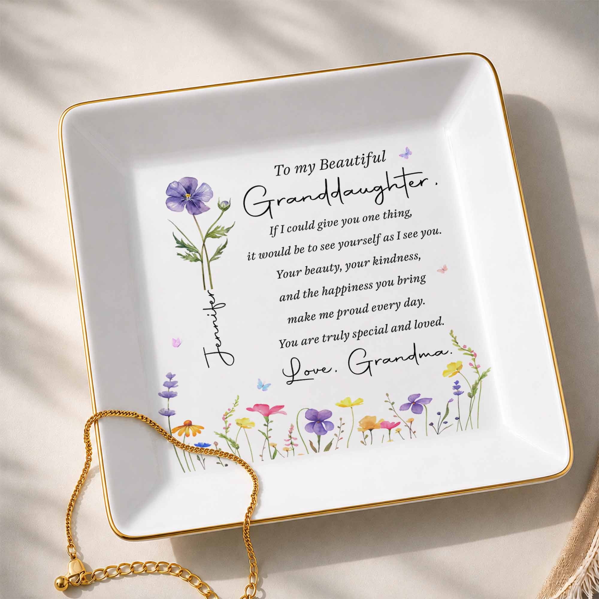 To My Beautiful Granddaughter Custom Birth Flower Jewelry Dish - Personalized Custom Jewelry Dish, Square Ceramic Dish - GDT808_SCRD