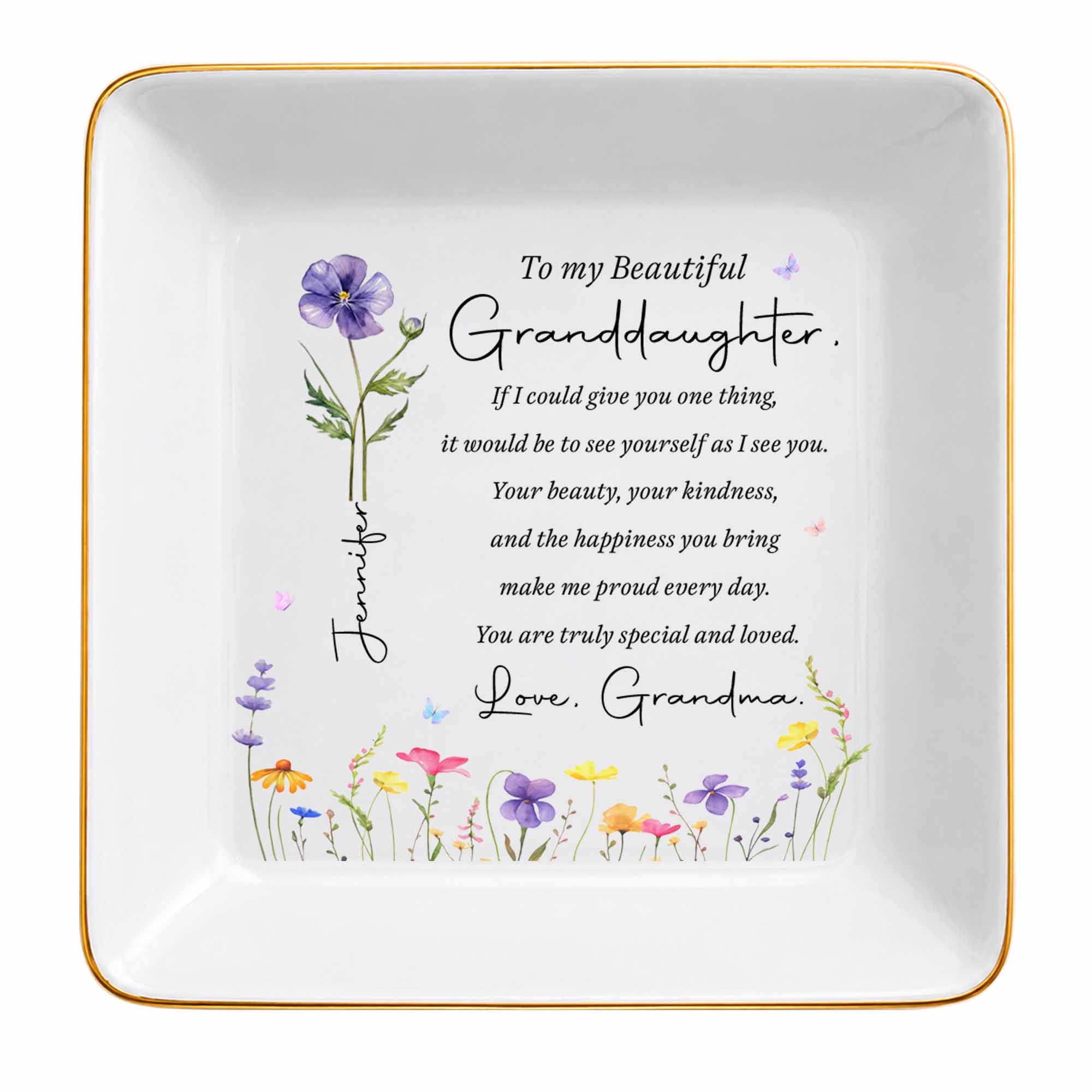 To My Beautiful Granddaughter Custom Birth Flower Jewelry Dish - Personalized Custom Jewelry Dish, Square Ceramic Dish - GDT808_SCRD