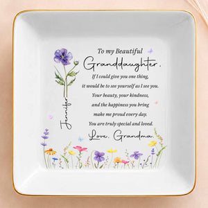 To My Beautiful Granddaughter Custom Birth Flower Jewelry Dish - Personalized Custom Jewelry Dish, Square Ceramic Dish - GDT808_SCRD
