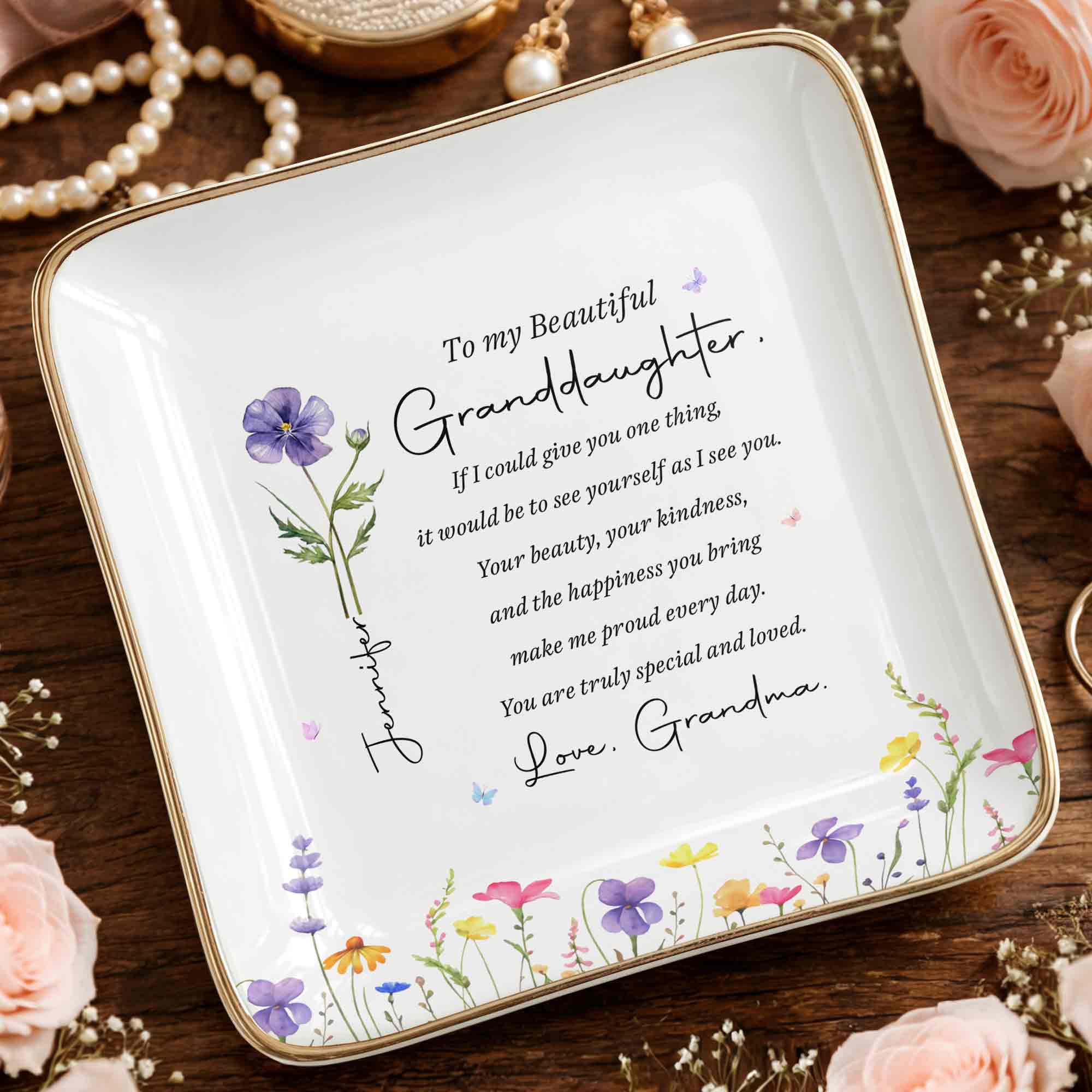 To My Beautiful Granddaughter Birth Flower And Butterfly Personalized Jewelry Dish - Personalized Custom Jewelry Dish, Ceramic Dish, Square Shape - GDT808_SCRF