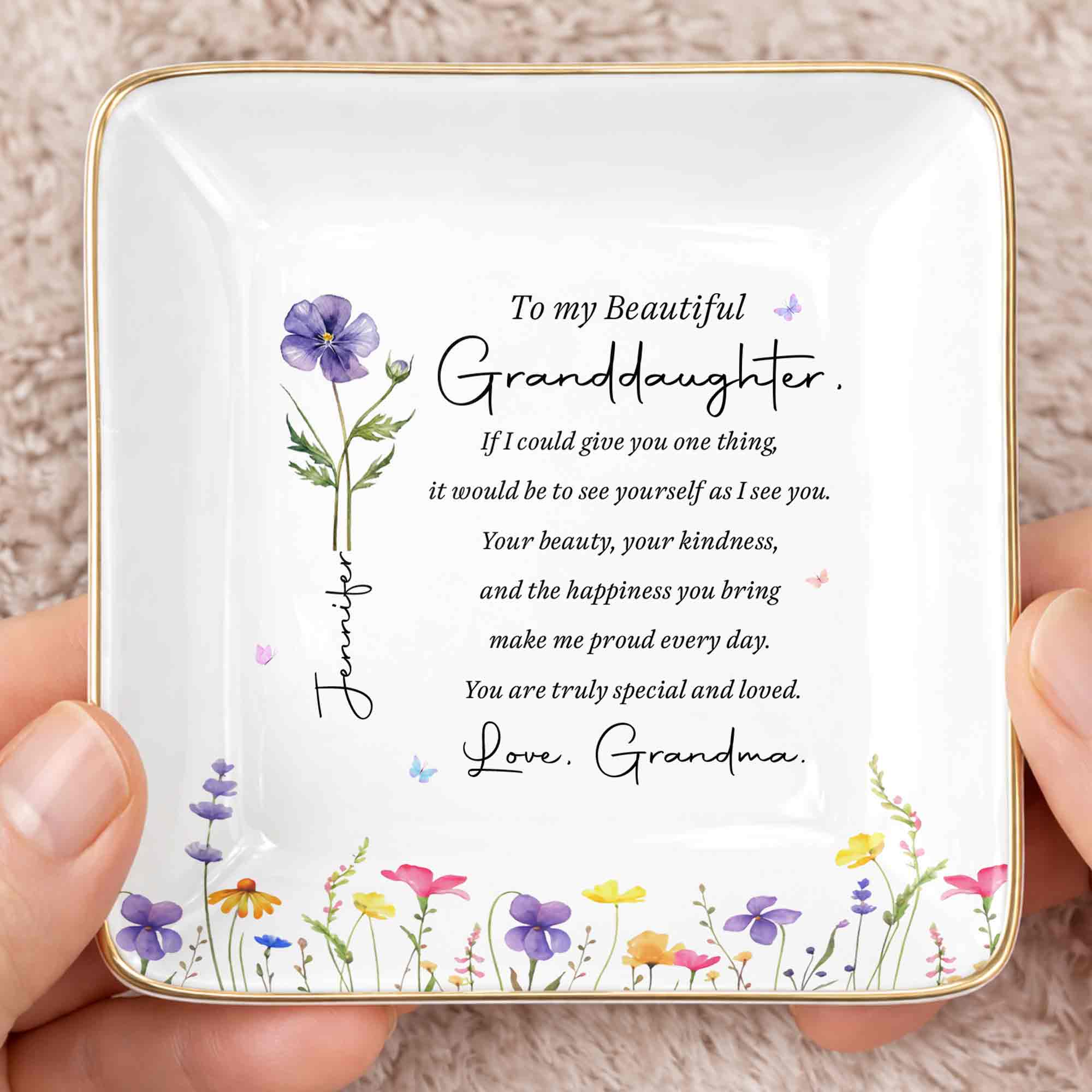 To My Beautiful Granddaughter Birth Flower And Butterfly Personalized Jewelry Dish - Personalized Custom Jewelry Dish, Ceramic Dish, Square Shape - GDT808_SCRF