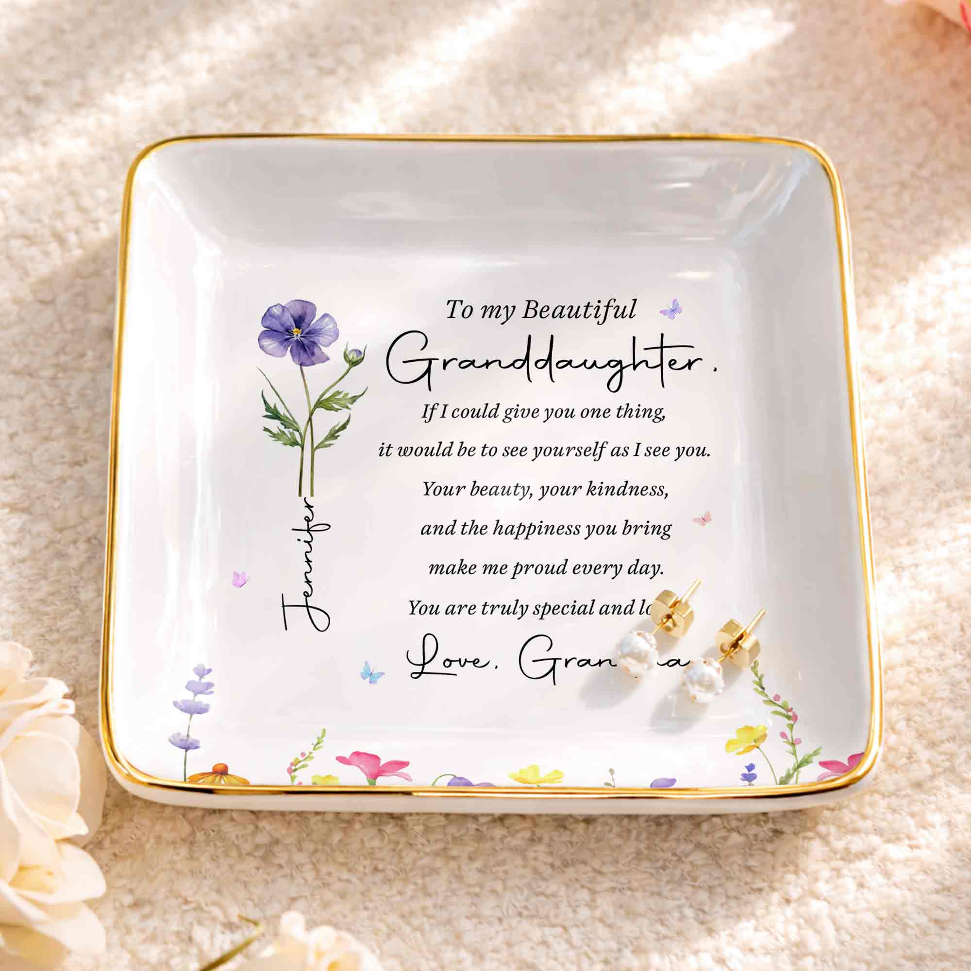 To My Beautiful Granddaughter Birth Flower And Butterfly Personalized Jewelry Dish - Personalized Custom Jewelry Dish, Ceramic Dish, Square Shape - GDT808_SCRF