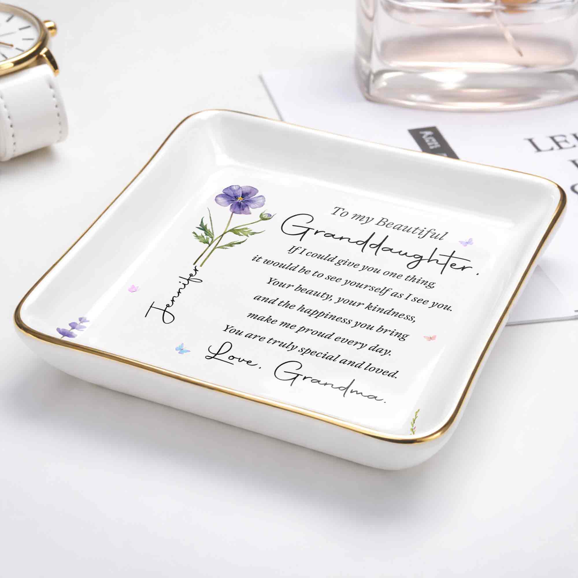 To My Beautiful Granddaughter Birth Flower And Butterfly Personalized Jewelry Dish - Personalized Custom Jewelry Dish, Ceramic Dish, Square Shape - GDT808_SCRF