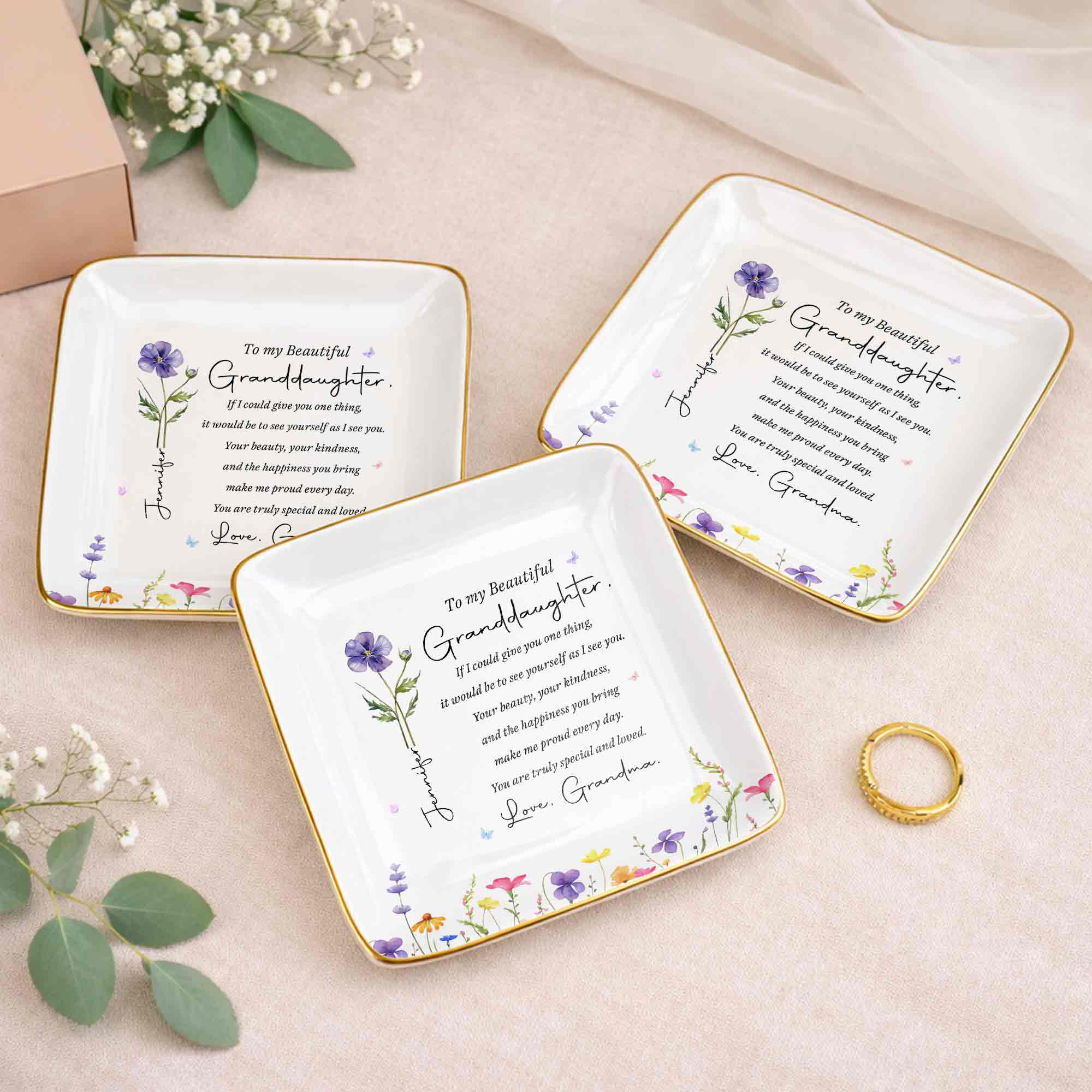 To My Beautiful Granddaughter Birth Flower And Butterfly Personalized Jewelry Dish - Personalized Custom Jewelry Dish, Ceramic Dish, Square Shape - GDT808_SCRF