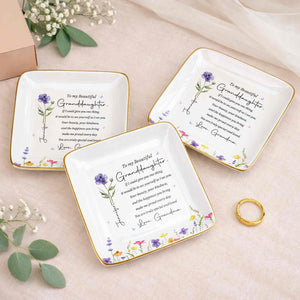To My Beautiful Granddaughter Birth Flower And Butterfly Personalized Jewelry Dish - Personalized Custom Jewelry Dish, Ceramic Dish, Square Shape - GDT808_SCRF