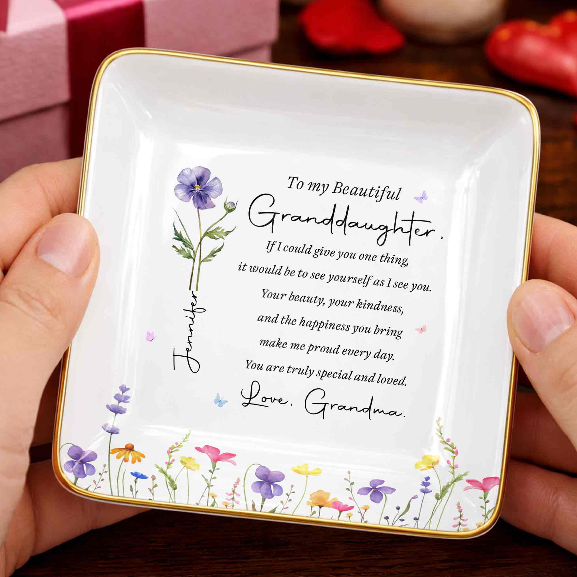 To My Beautiful Granddaughter Birth Flower And Butterfly Personalized Jewelry Dish - Personalized Custom Jewelry Dish, Ceramic Dish, Square Shape - GDT808_SCRF