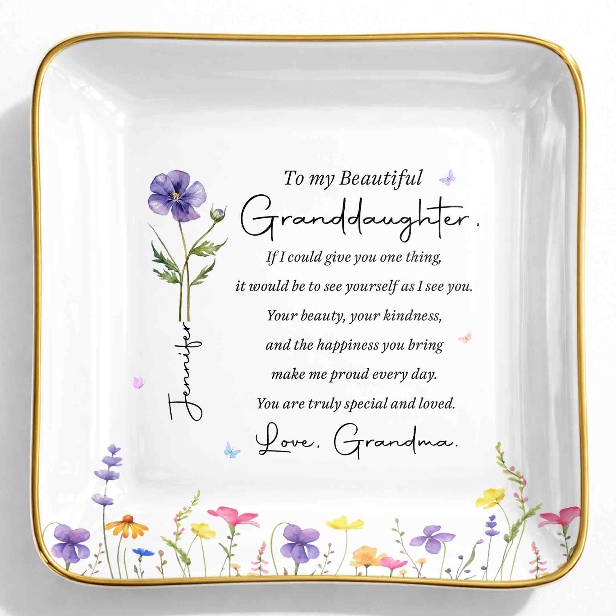 To My Beautiful Granddaughter Birth Flower And Butterfly Personalized Jewelry Dish - Personalized Custom Jewelry Dish, Ceramic Dish, Square Shape - GDT808_SCRF