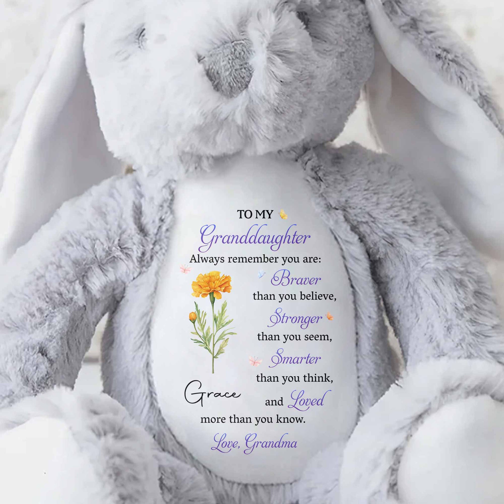 To My Granddaughter Always Remember You Are Braver Purple Flower - Personalized Stuffed Bunny - GDT810_BUN
