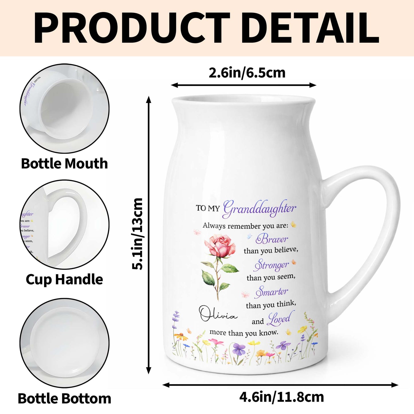 To My Granddaughter Always Remember Braver Stronger Smarter And Loved Flower - Personalized Ceramic Flower Vase