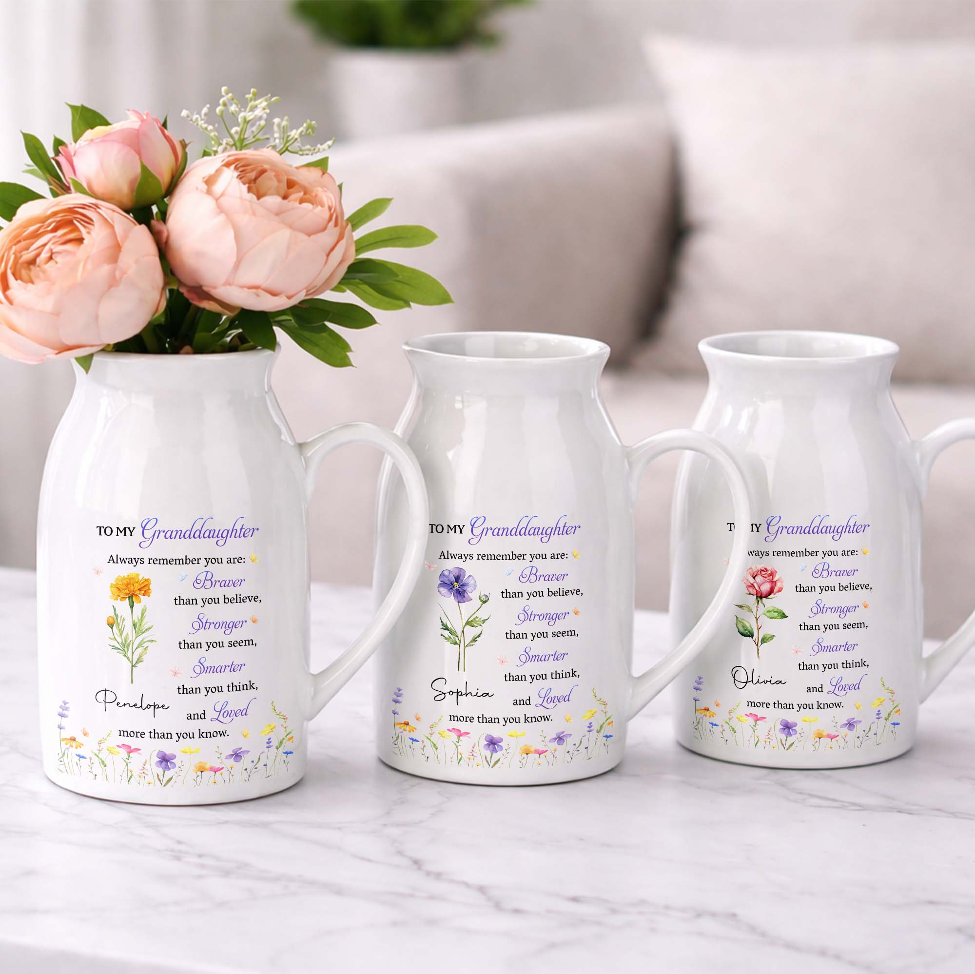 To My Granddaughter Always Remember Braver Stronger Smarter And Loved Flower - Personalized Ceramic Flower Vase