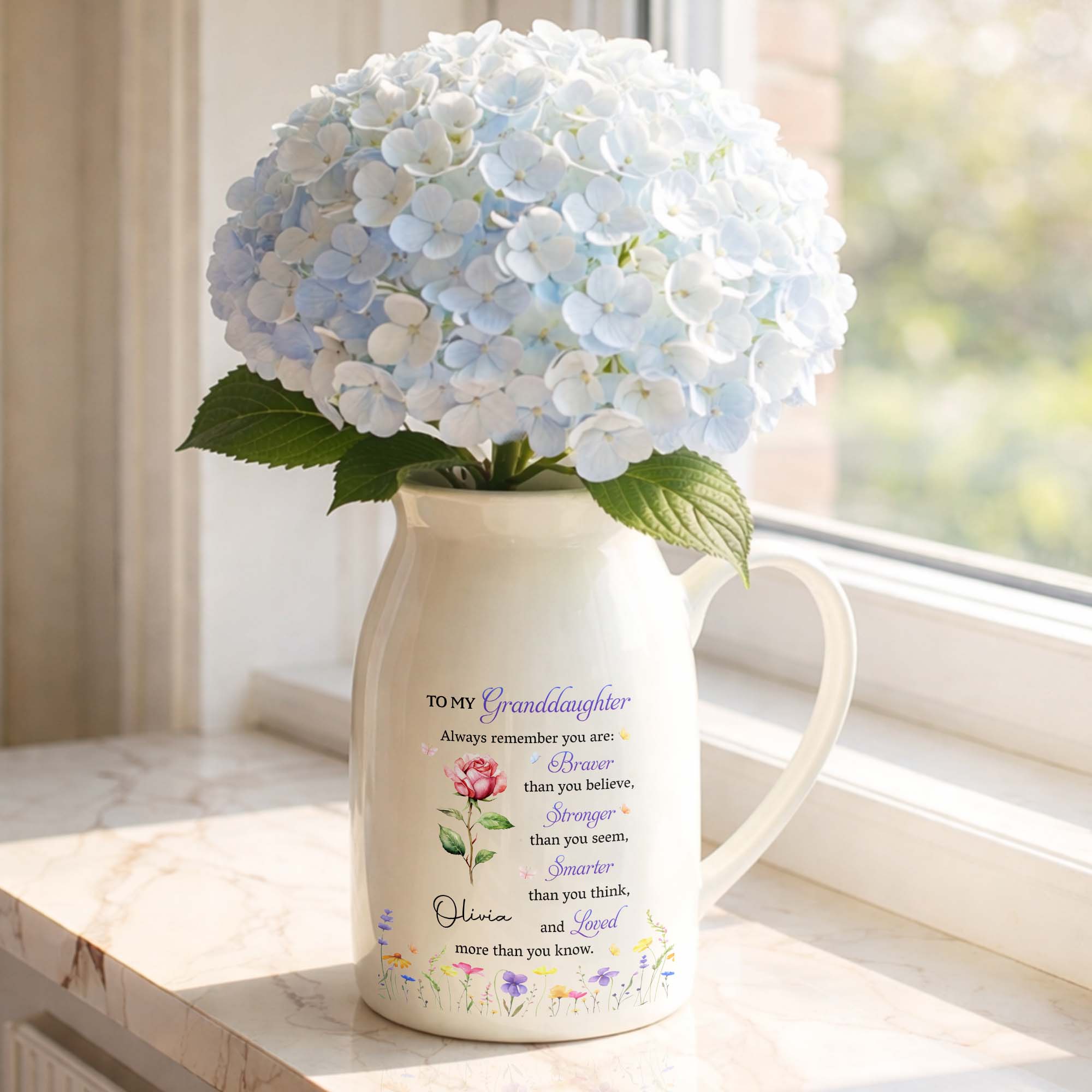 To My Granddaughter Always Remember Braver Stronger Smarter And Loved Flower - Personalized Ceramic Flower Vase