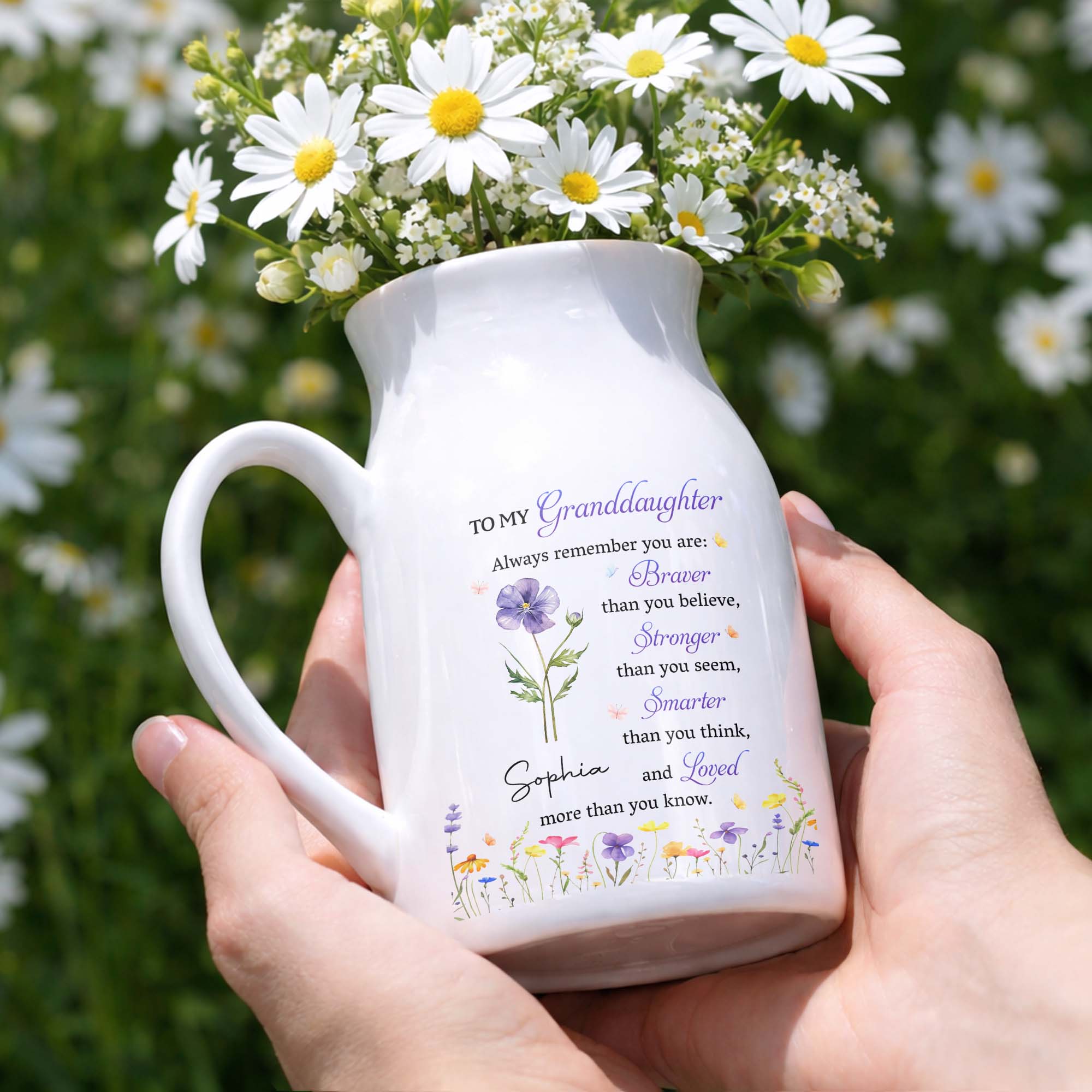 To My Granddaughter Always Remember Braver Stronger Smarter And Loved Flower - Personalized Ceramic Flower Vase