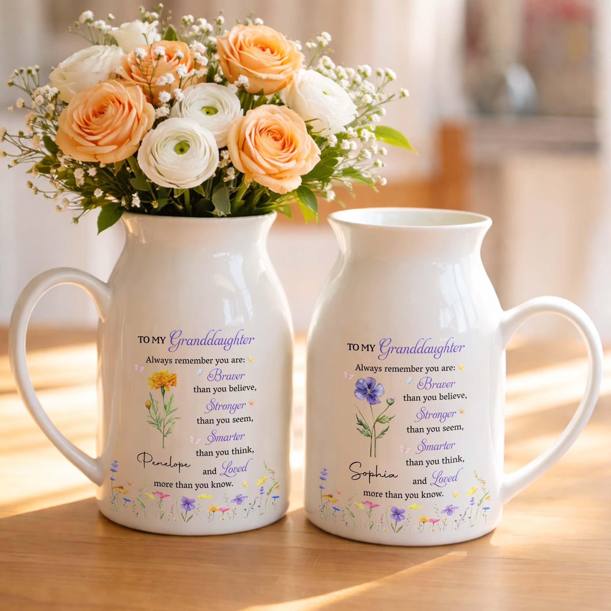 To My Granddaughter Always Remember Braver Stronger Smarter And Loved Flower - Personalized Ceramic Flower Vase