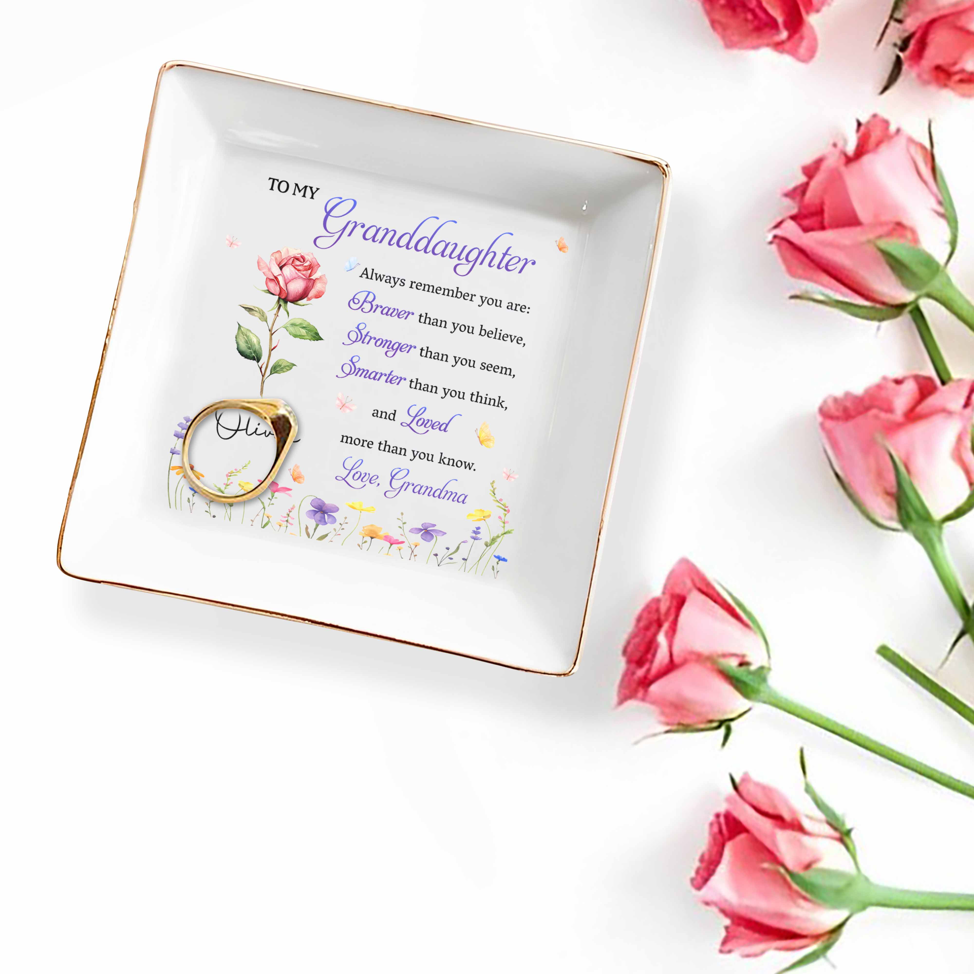 To My Granddaughter Braver Stronger Smarter Flower And Butterflies - Personalized Custom Jewelry Dish, Square Ceramic Dish - GDT810_SCRD