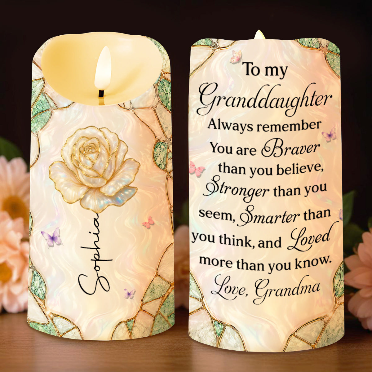 To My Granddaughter Always Remember Braver Stronger Smarter Rose And Butterflies - Personalized Custom LED Candle - GDT813_LECA