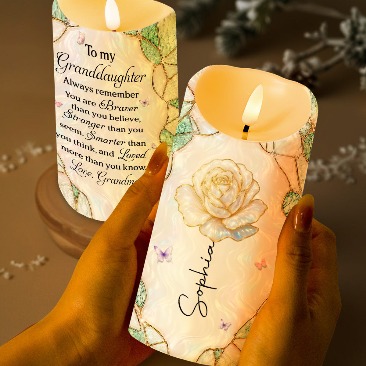 To My Granddaughter Always Remember Braver Stronger Smarter Rose And Butterflies - Personalized Custom LED Candle - GDT813_LECA