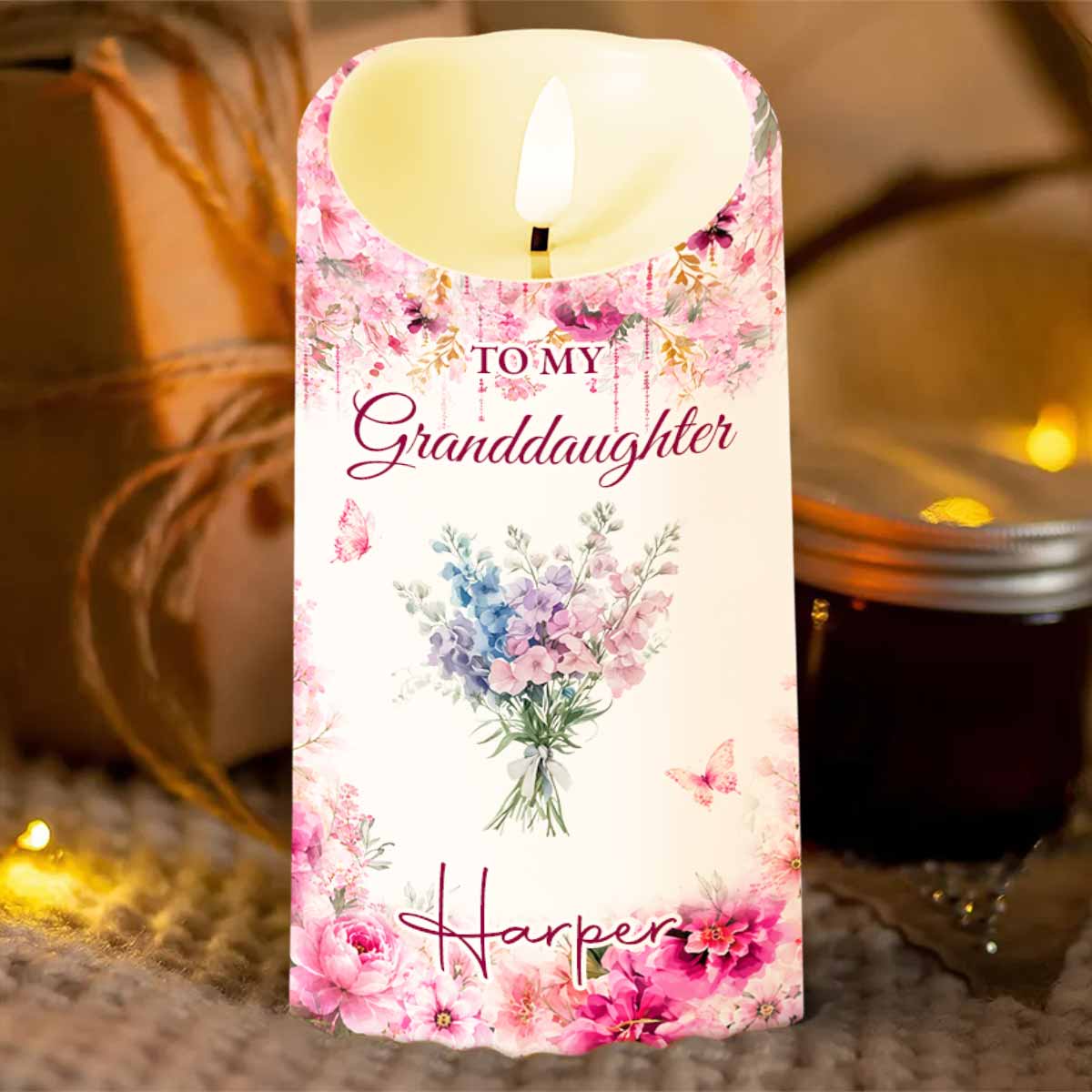 To My Granddaughter, Once Upon A Time, Custom Birth Month Flowers - Personalized Custom LED Candle - GDT814_LECA