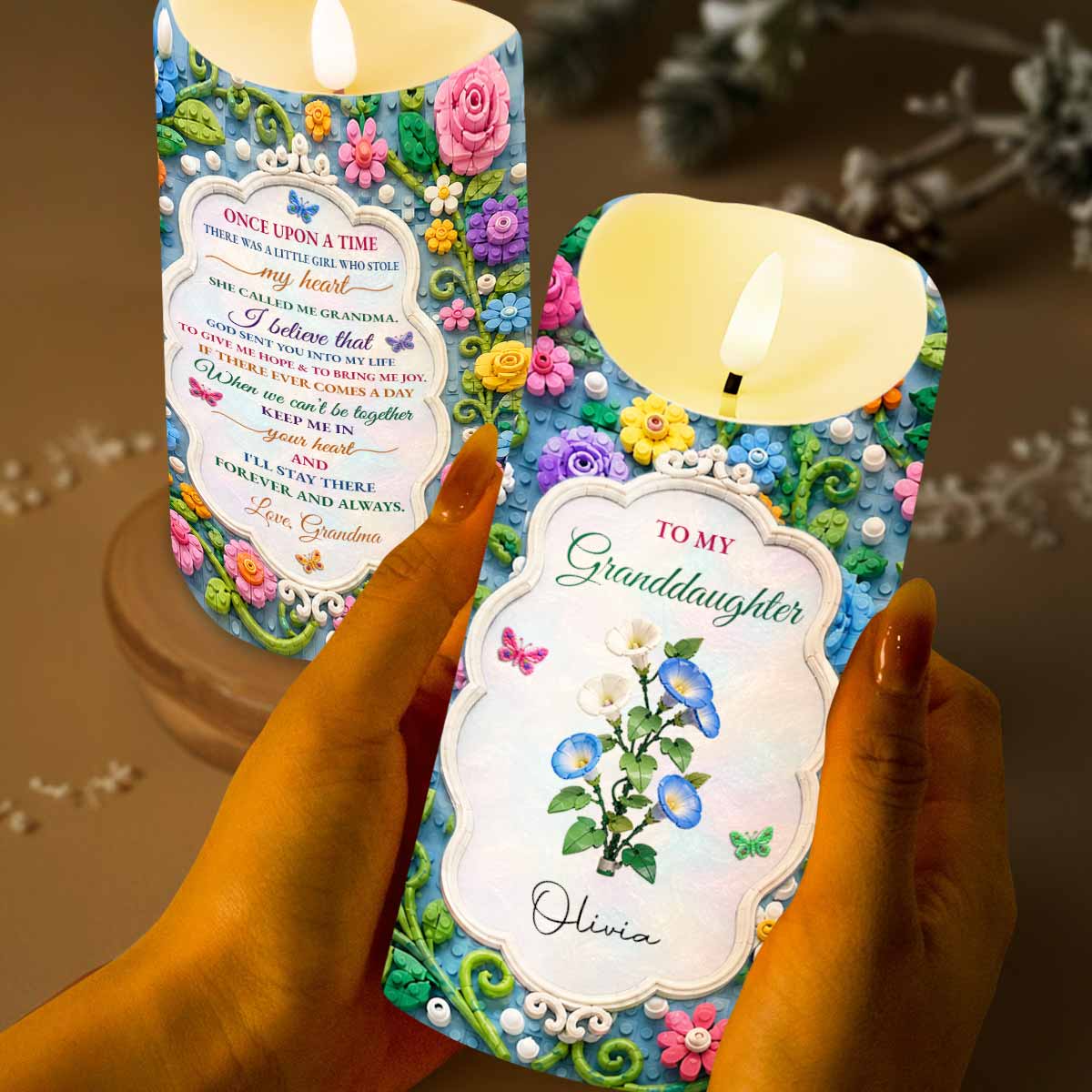 Once Upon A Time To My Granddaughter Lego Flowers And Butterflies - Personalized Custom LED Candle - GDT829_LECA