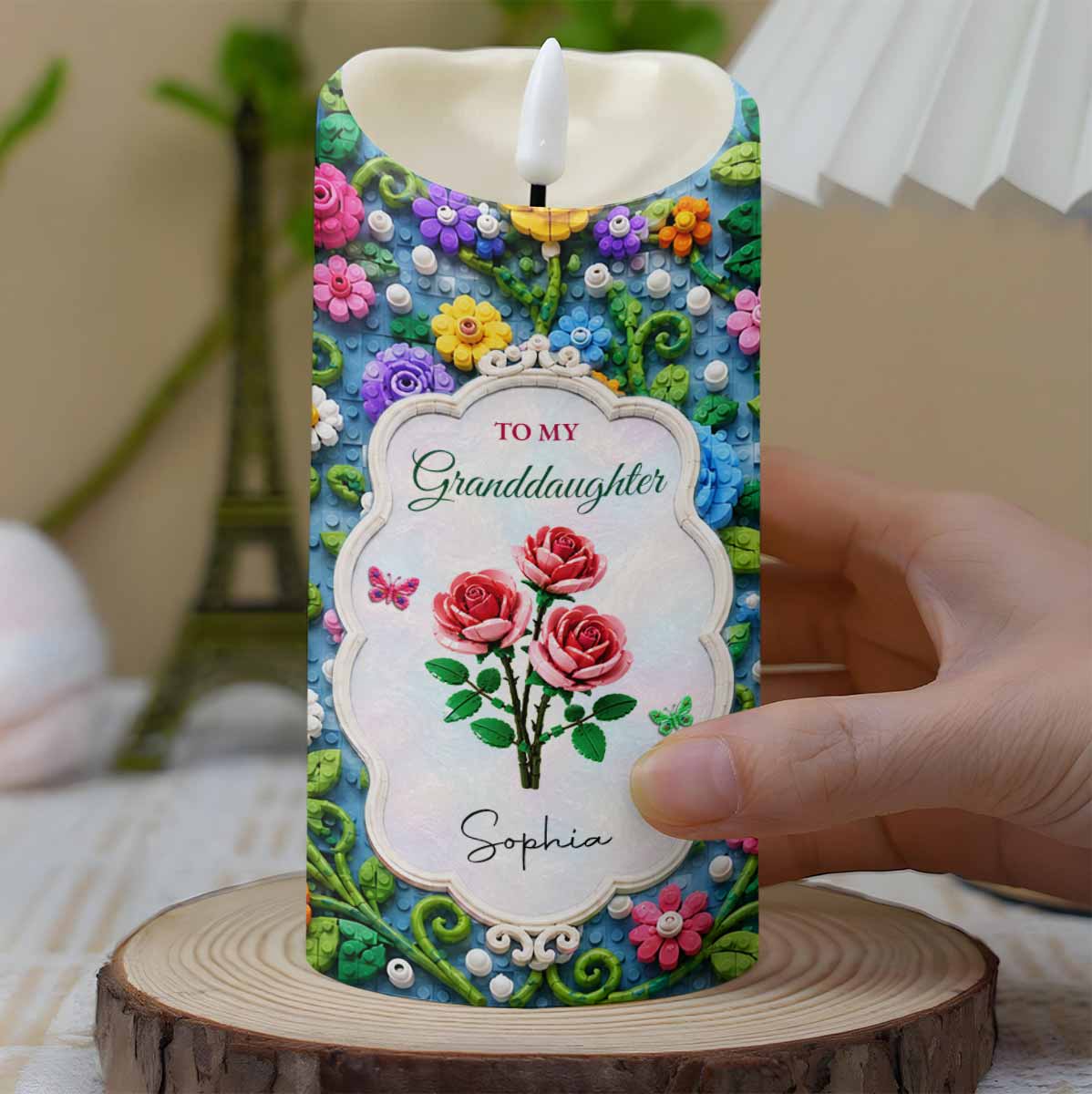 Once Upon A Time To My Granddaughter Lego Flowers And Butterflies - Personalized Custom LED Candle - GDT829_LECA