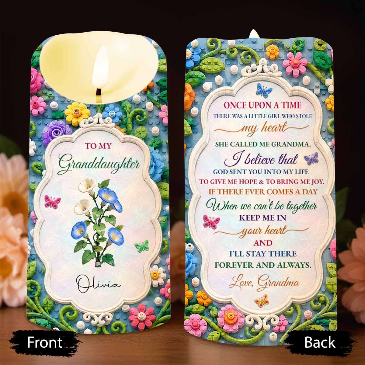 Once Upon A Time To My Granddaughter Lego Flowers And Butterflies - Personalized Custom LED Candle - GDT829_LECA