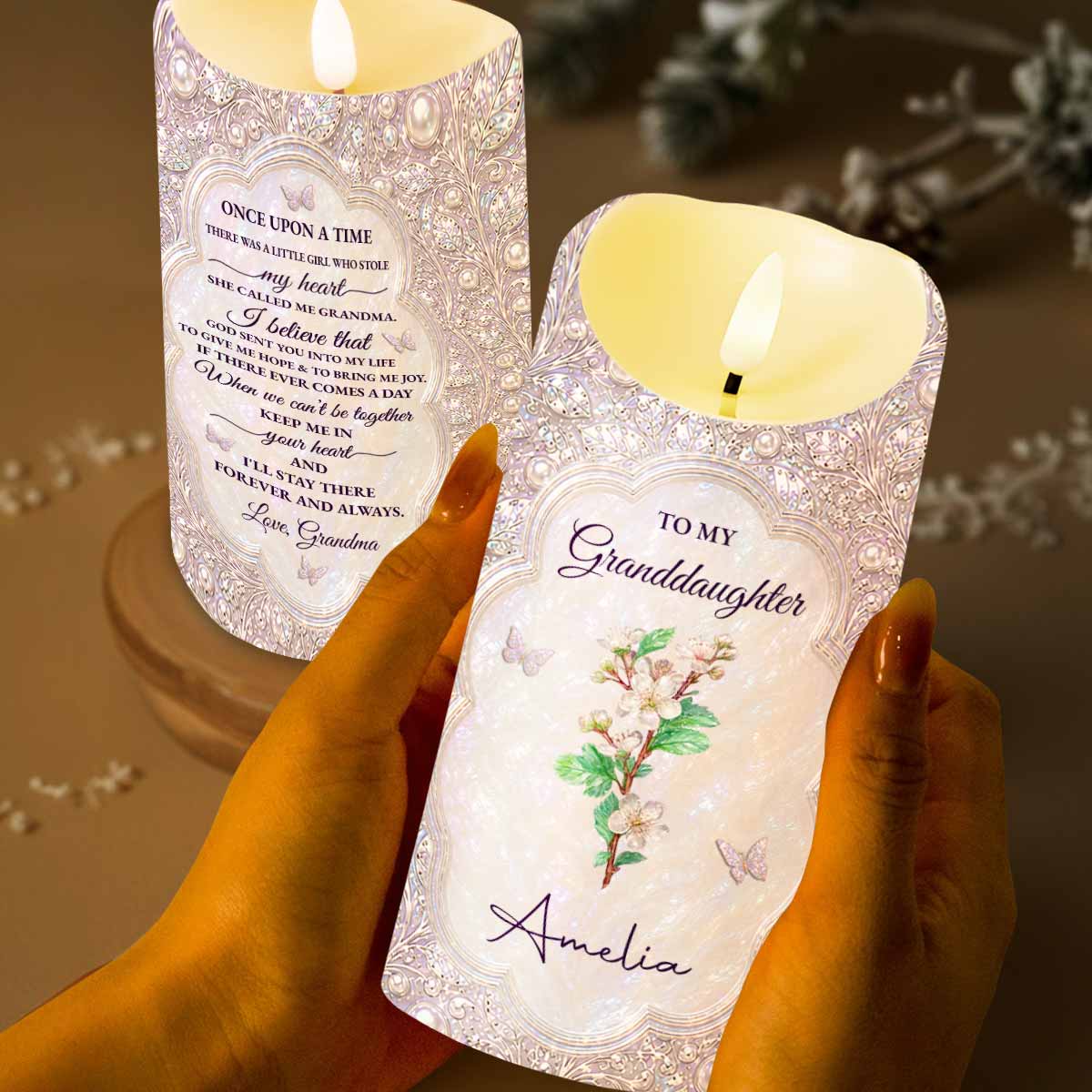 To My Granddaughter Once Upon A Time Birth Month Flower Butterfly - Personalized Custom LED Candle - GDT830_LECA