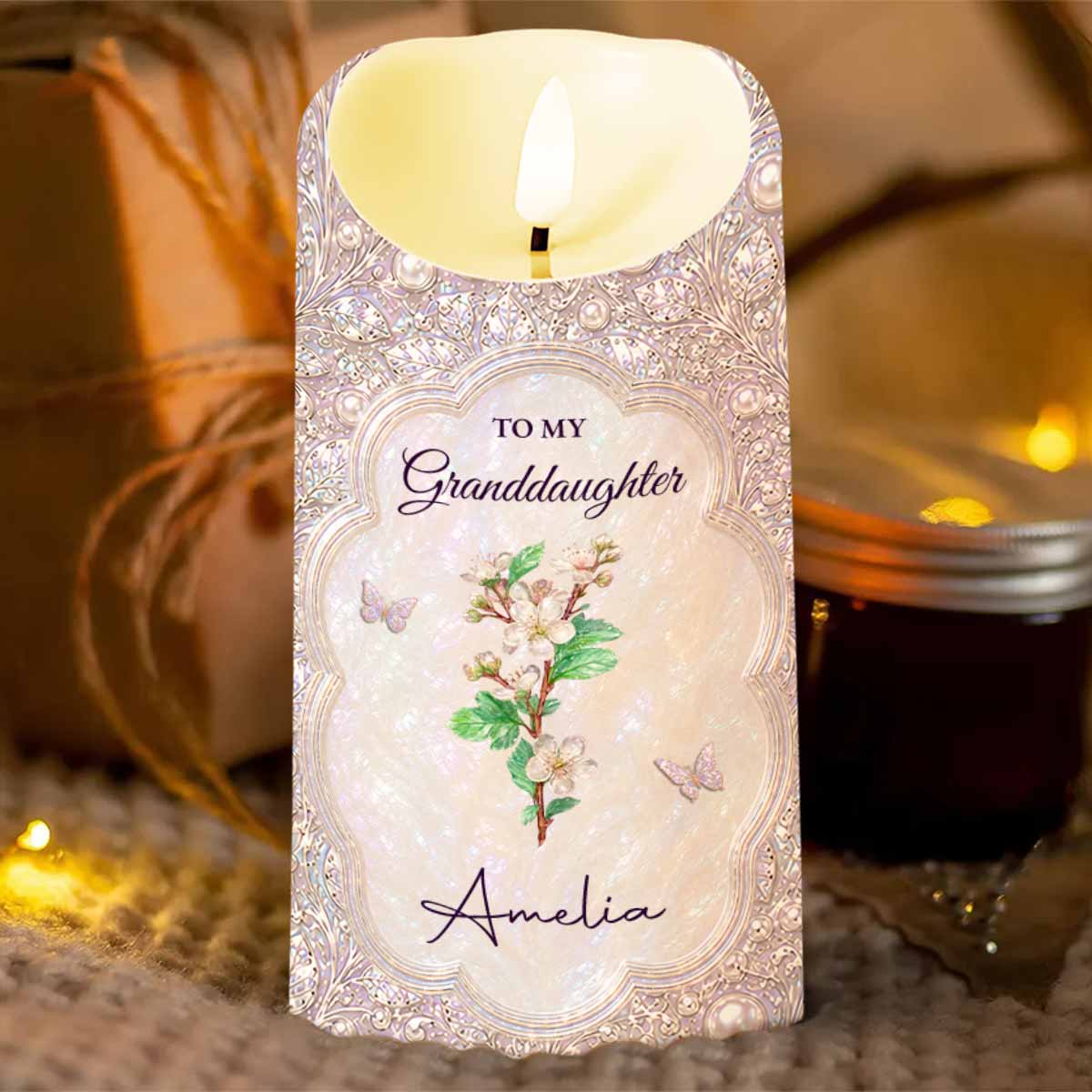 To My Granddaughter Once Upon A Time Birth Month Flower Butterfly - Personalized Custom LED Candle - GDT830_LECA