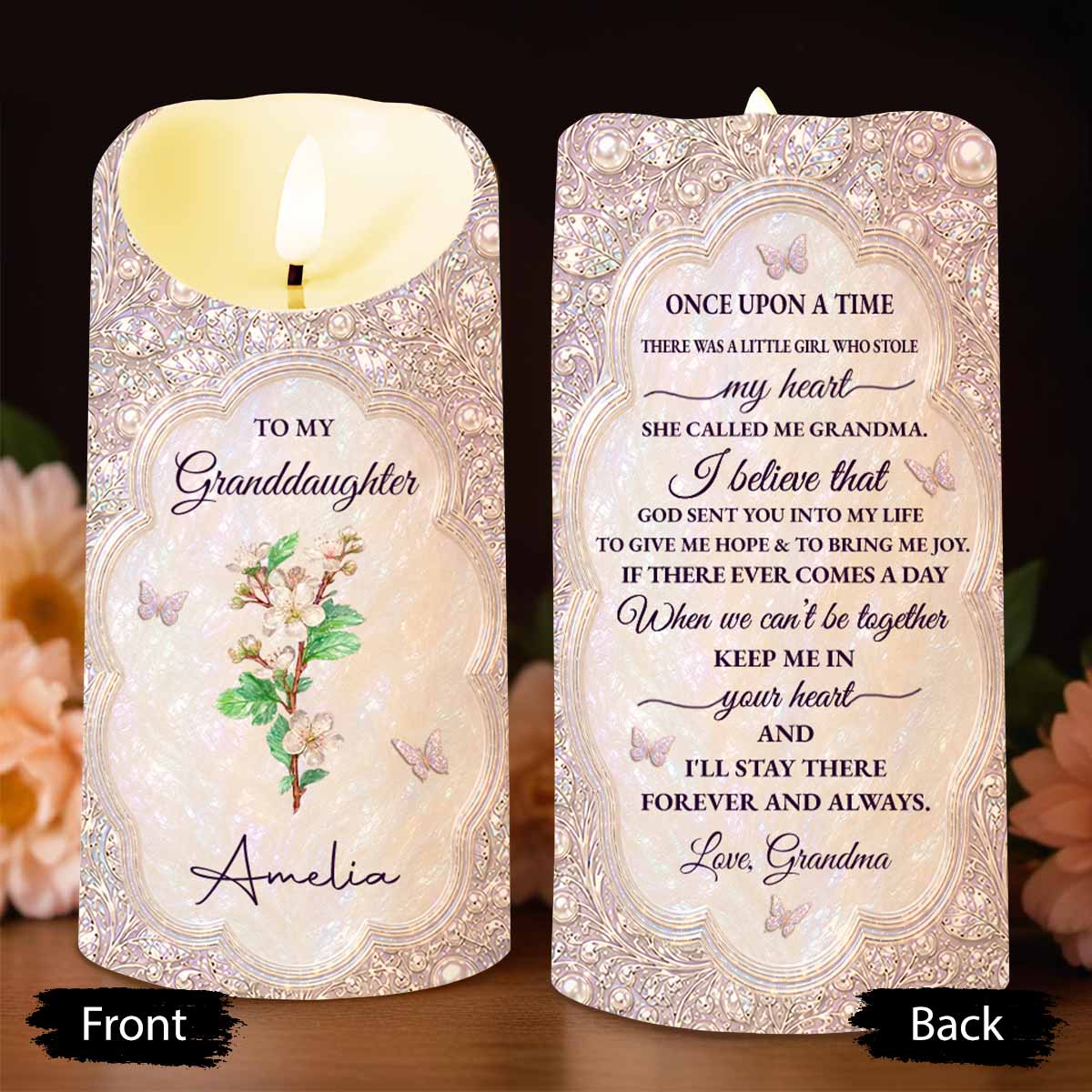To My Granddaughter Once Upon A Time Birth Month Flower Butterfly - Personalized Custom LED Candle - GDT830_LECA