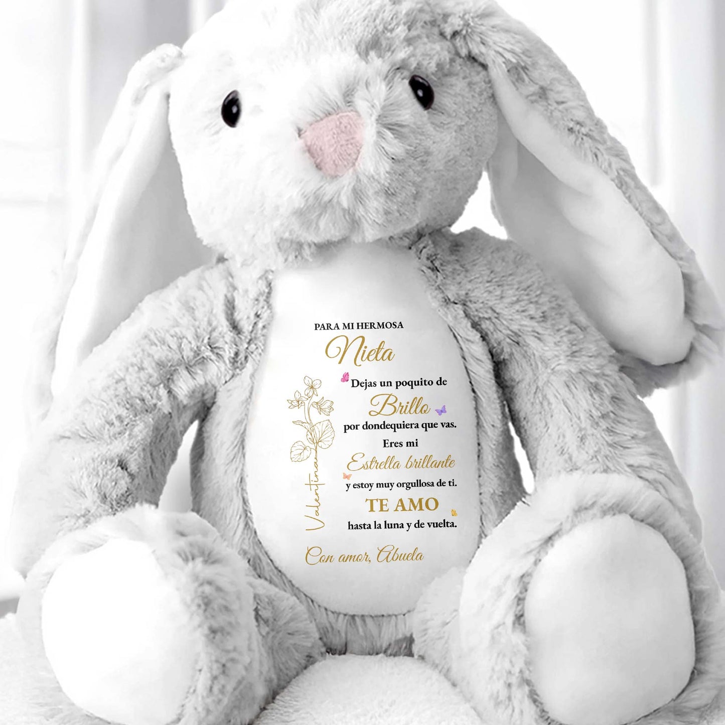 Para Mi Hermosa Nieta Birth Month Flowers And Butterflies - Personalized Stuffed Bunny - GDT840_BUN