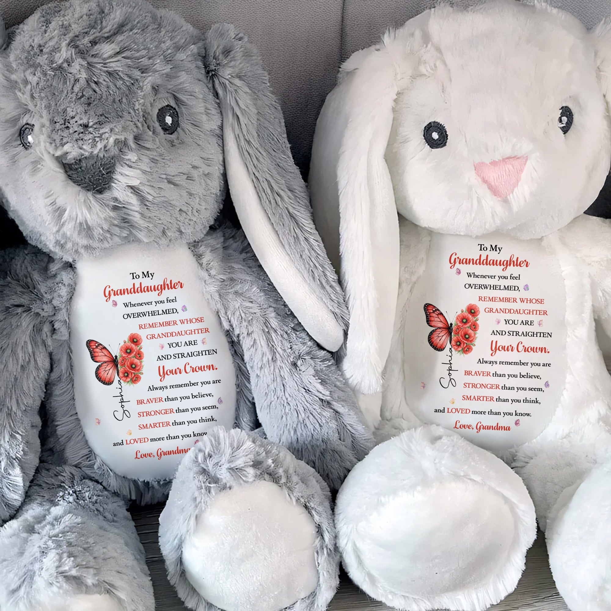 To My Granddaughter Straighten Your Crown Butterfly And Flowers - Personalized Stuffed Bunny - GDT846_BUN