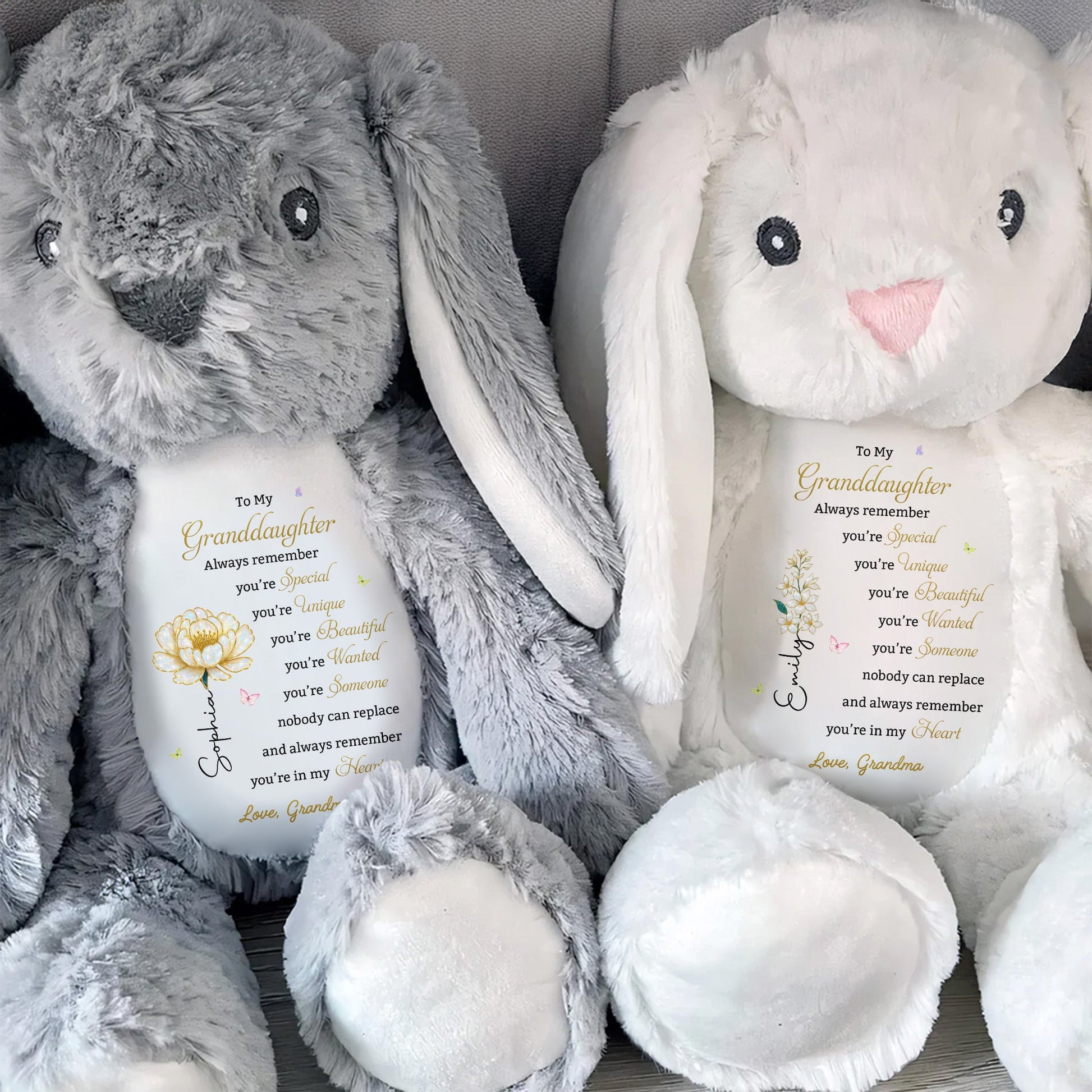 To My Granddaughter Always Remember With Birth Flower And Butterflies - Personalized Stuffed Bunny - GDT850_BUN