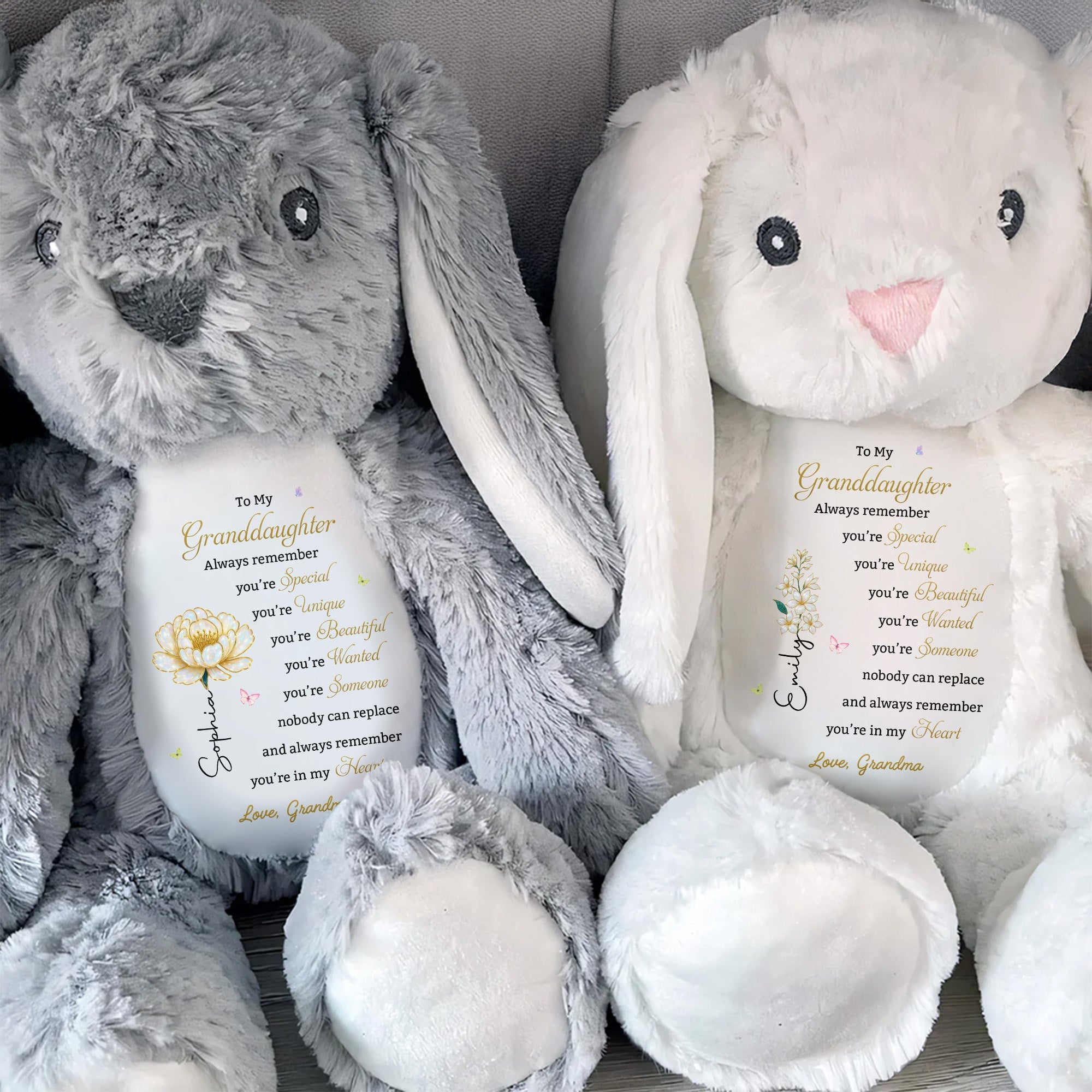 To My Granddaughter Always Remember With Birth Flower And Butterflies - Personalized Stuffed Bunny - GDT850_BUN