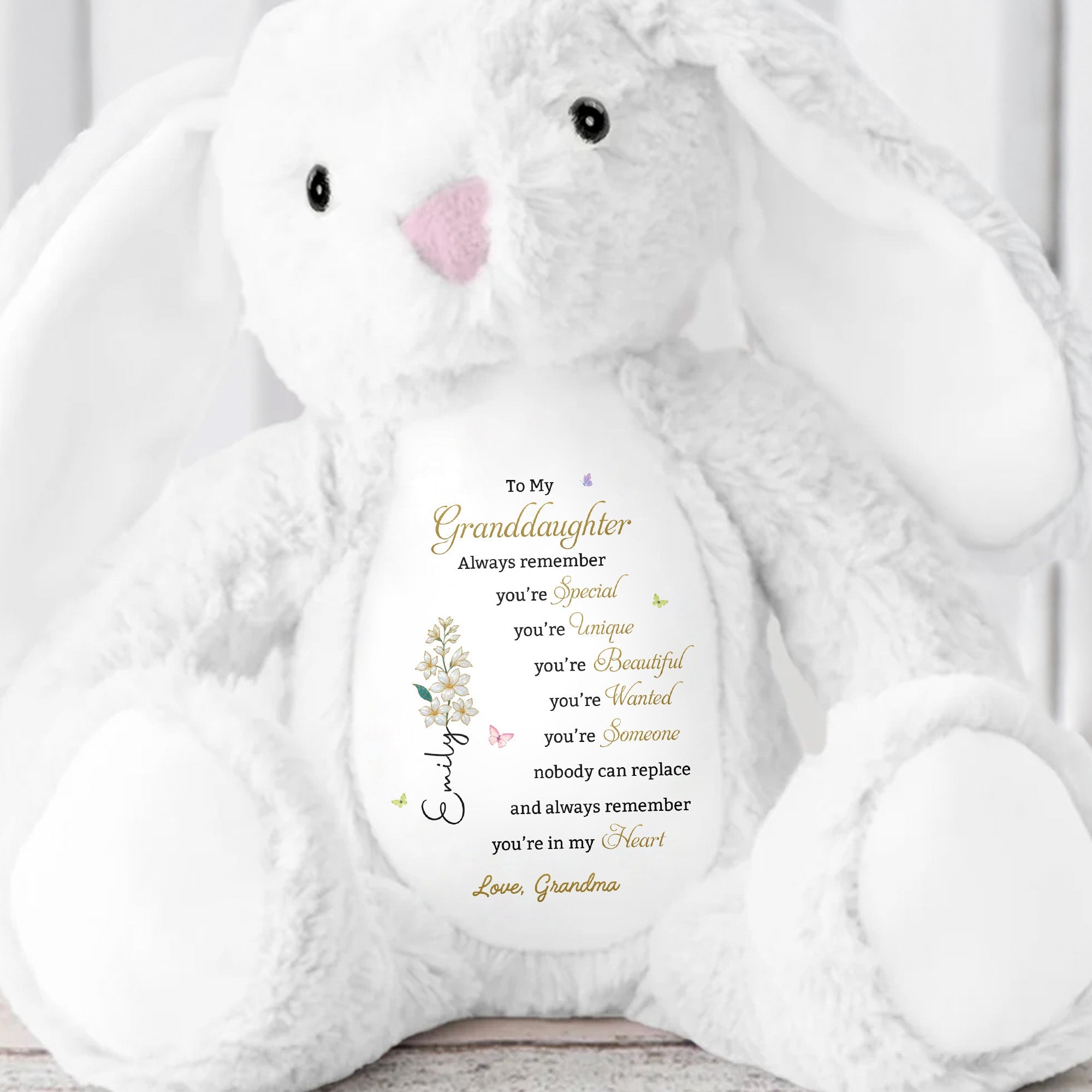 To My Granddaughter Always Remember With Birth Flower And Butterflies - Personalized Stuffed Bunny - GDT850_BUN