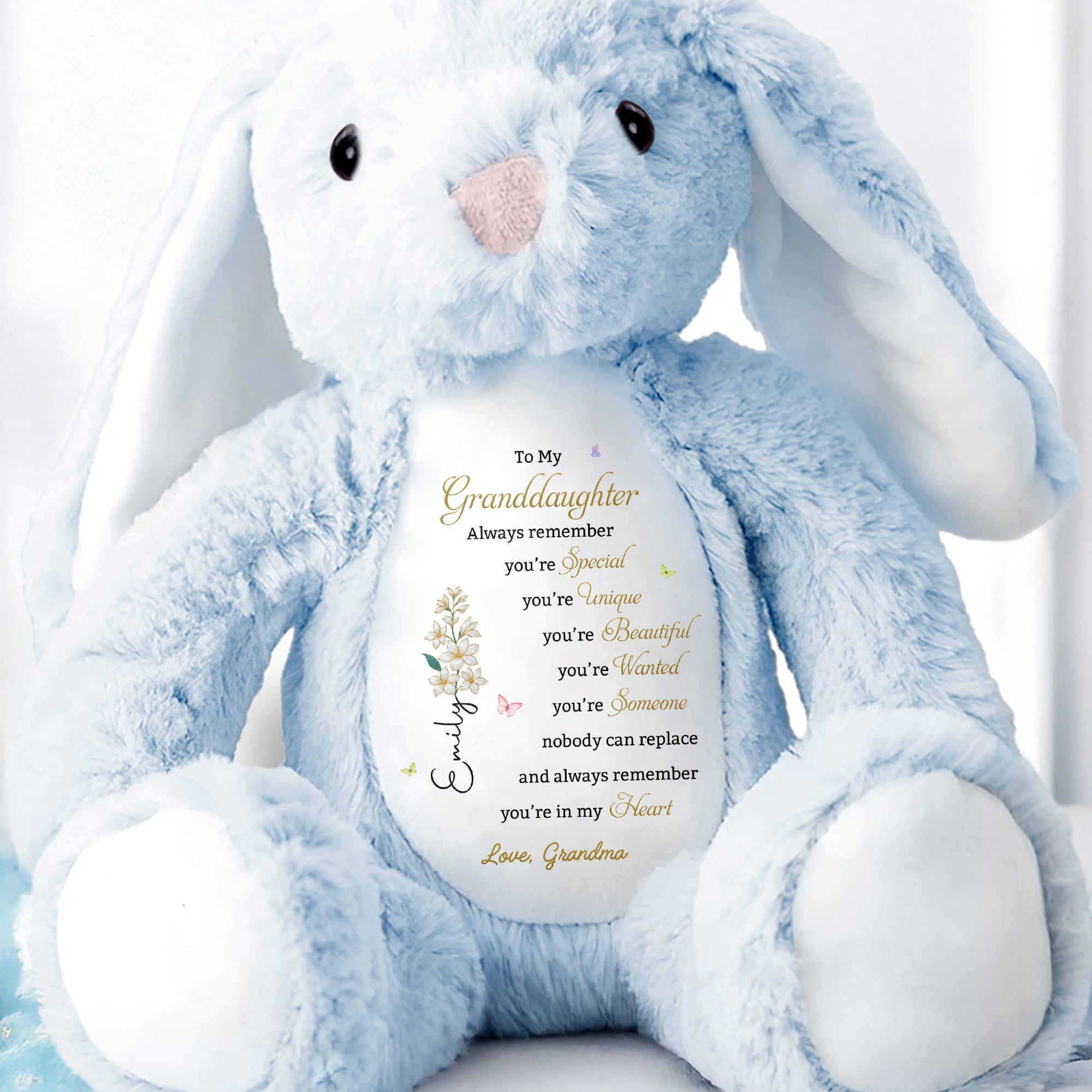 To My Granddaughter Always Remember With Birth Flower And Butterflies - Personalized Stuffed Bunny - GDT850_BUN