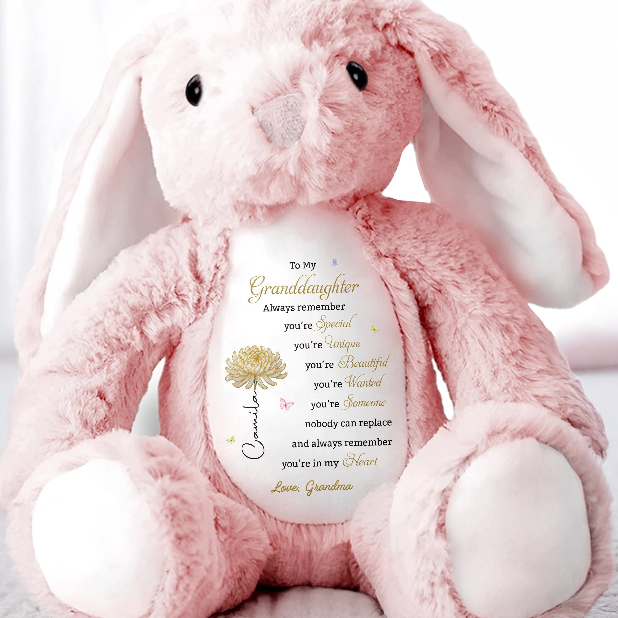 To My Granddaughter Always Remember With Birth Flower And Butterflies - Personalized Stuffed Bunny - GDT850_BUN