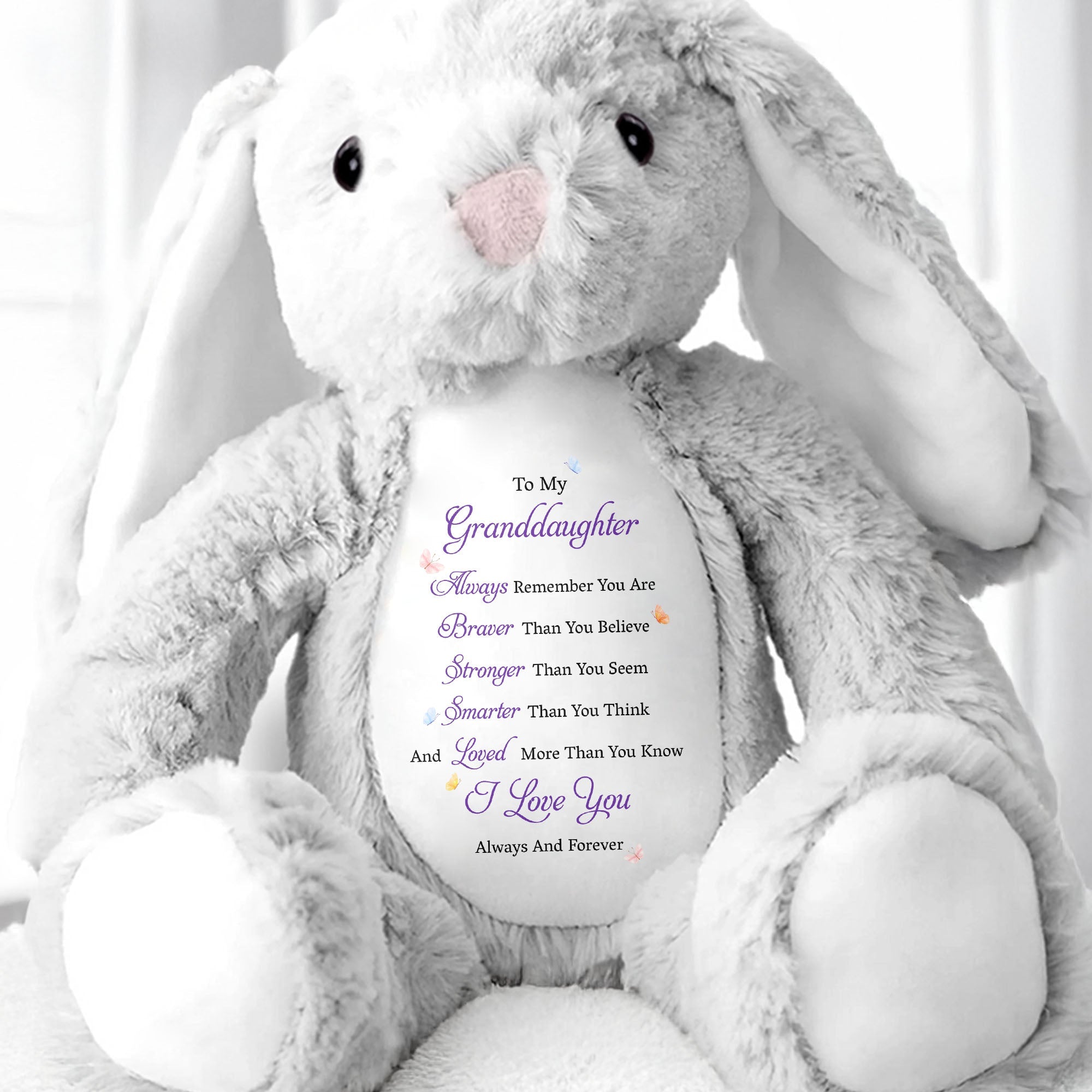 To My Granddaughter Always Remember Braver Smarter Loved Butterflies - Personalized Stuffed Bunny - GDT852_BUN