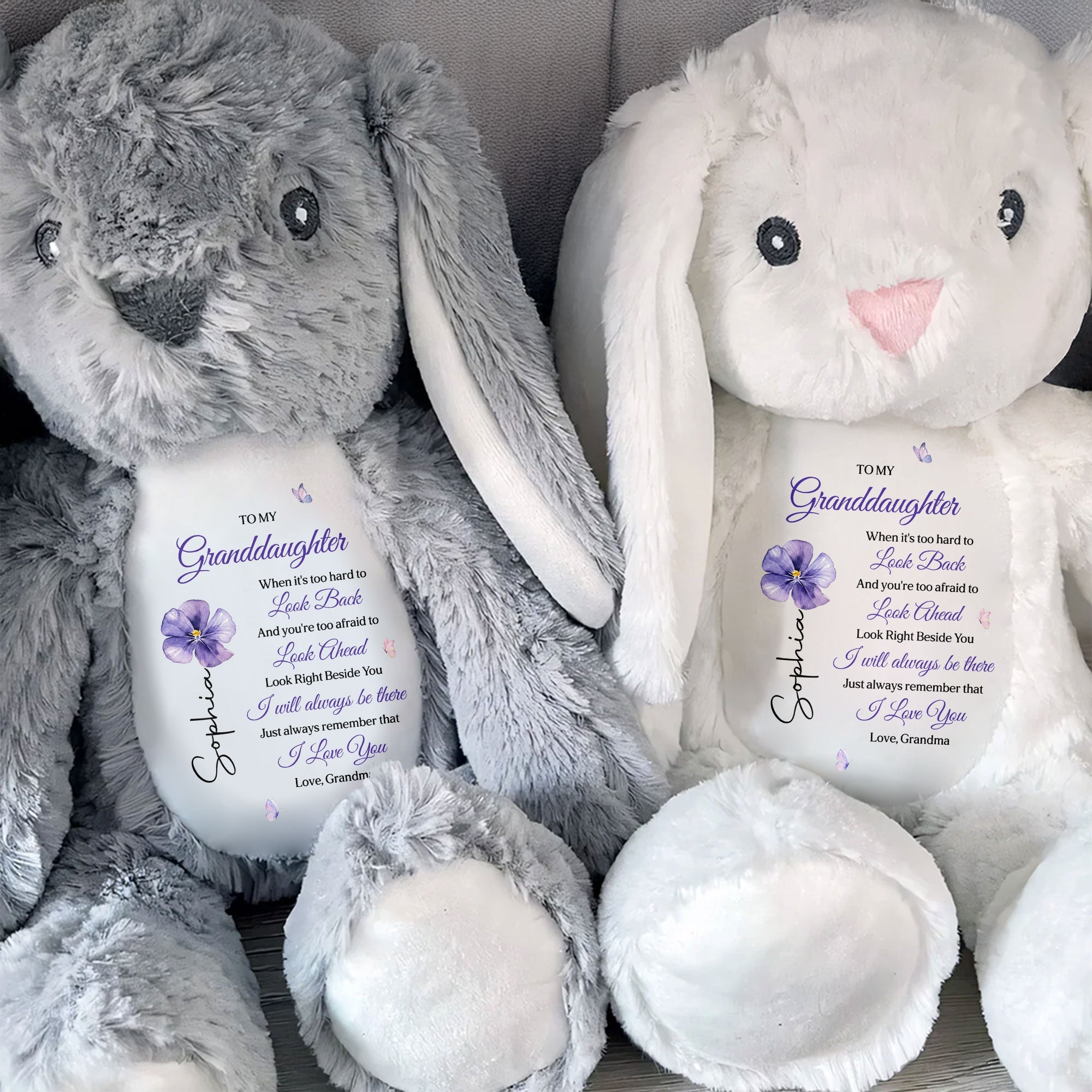 To My Granddaughter Look Right Beside You Purple Flower Butterflies - Personalized Stuffed Bunny - GDT866_BUN