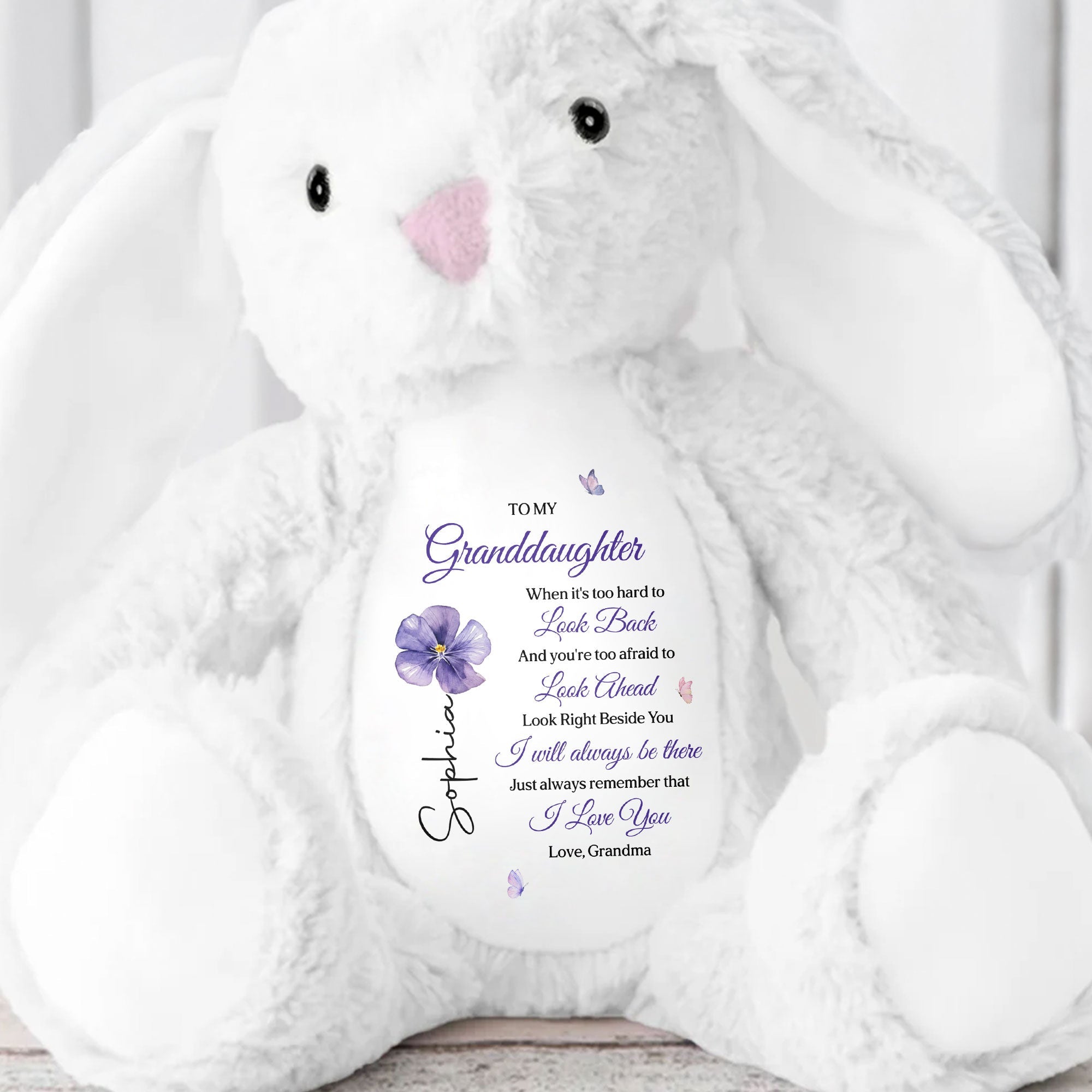 To My Granddaughter Look Right Beside You Purple Flower Butterflies - Personalized Stuffed Bunny - GDT866_BUN