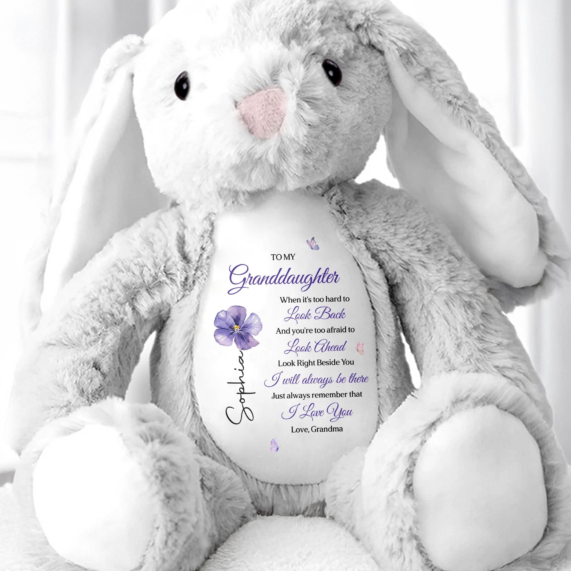 To My Granddaughter Look Right Beside You Purple Flower Butterflies - Personalized Stuffed Bunny - GDT866_BUN