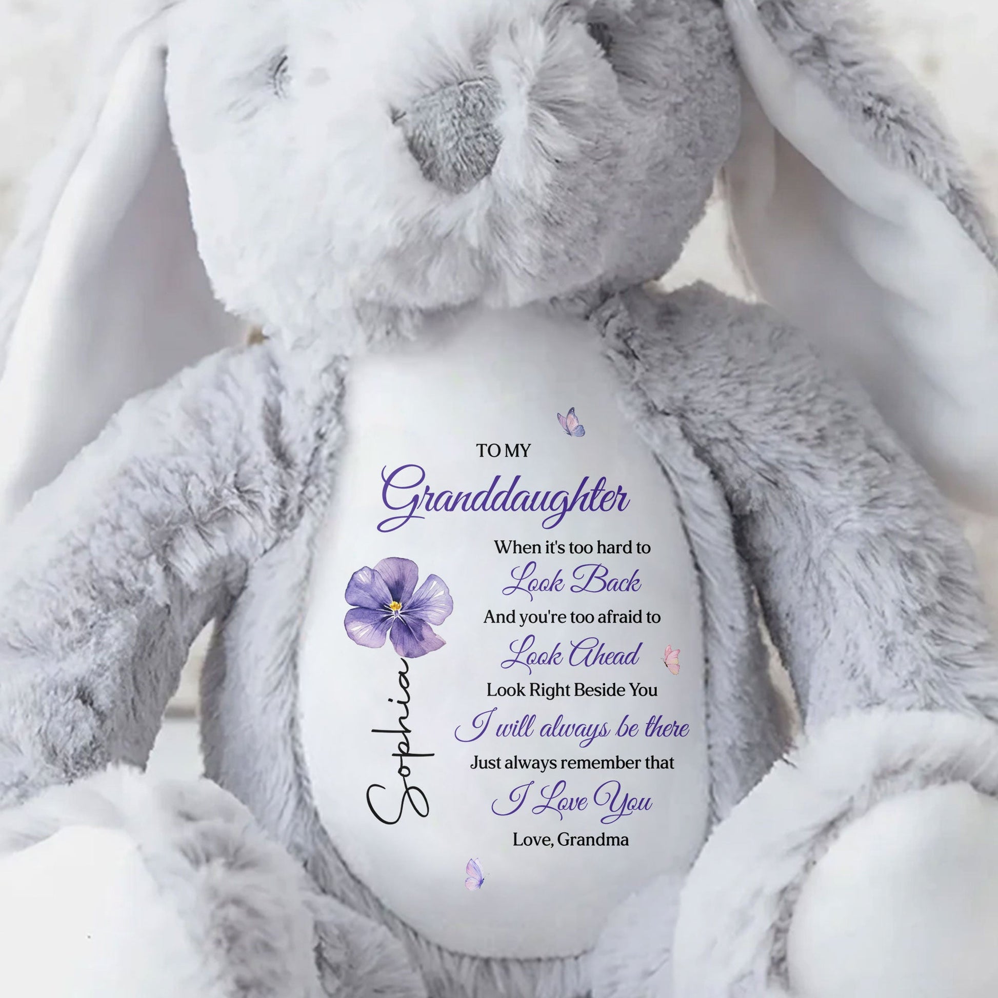 To My Granddaughter Look Right Beside You Purple Flower Butterflies - Personalized Stuffed Bunny - GDT866_BUN