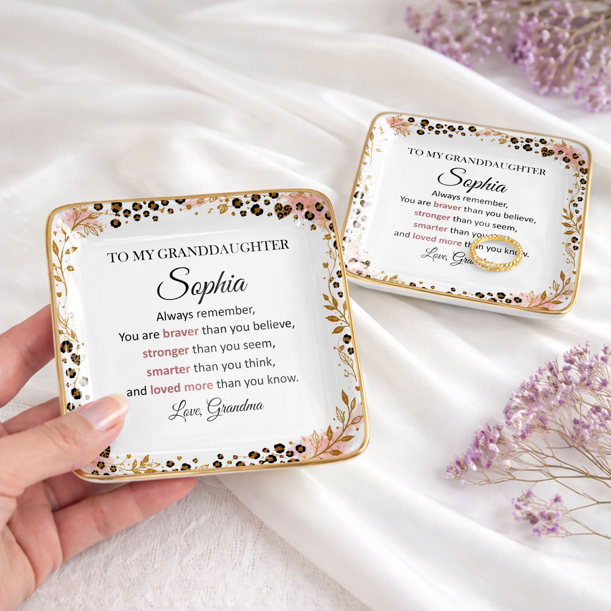 To My Granddaughter Always Remember Braver Stronger Smarter Leopard Flower - Personalized Custom Jewelry Dish, Ceramic Dish, Square Shape - GDT878_SCRF