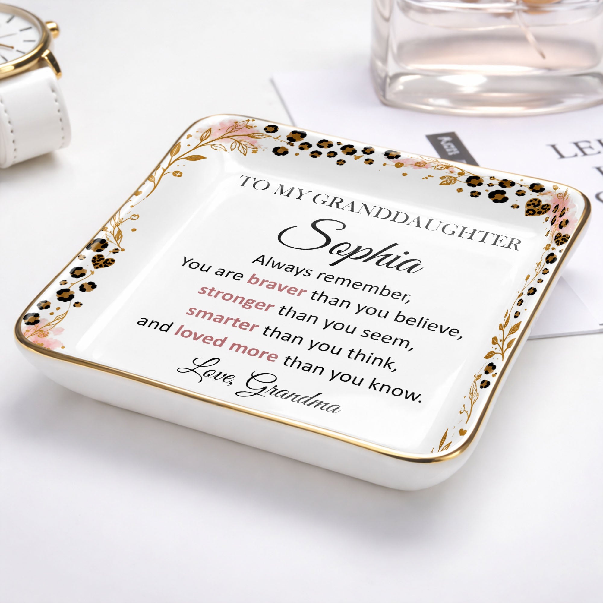 To My Granddaughter Always Remember Braver Stronger Smarter Leopard Flower - Personalized Custom Jewelry Dish, Ceramic Dish, Square Shape - GDT878_SCRF