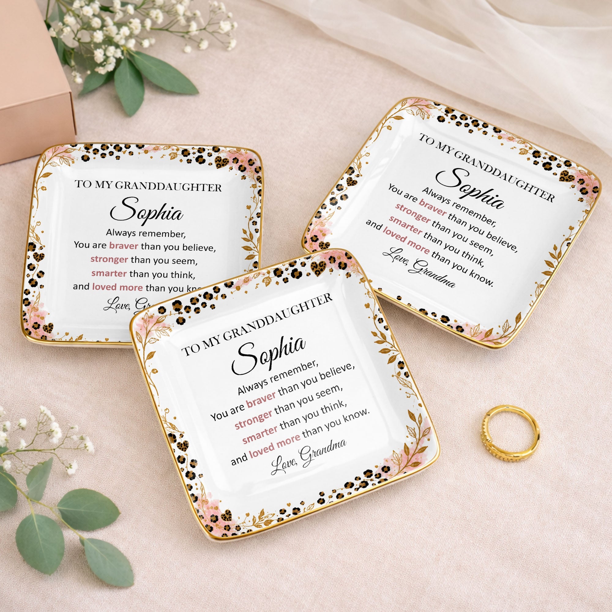 To My Granddaughter Always Remember Braver Stronger Smarter Leopard Flower - Personalized Custom Jewelry Dish, Ceramic Dish, Square Shape - GDT878_SCRF