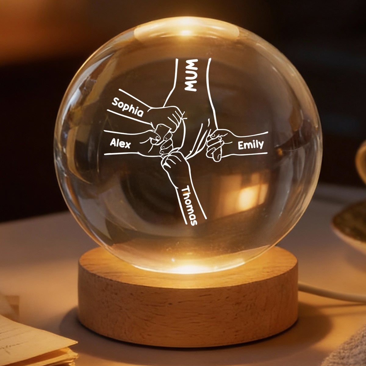 MUM And Kids Holding Hands - Personalized Crystal Ball LED Night Light