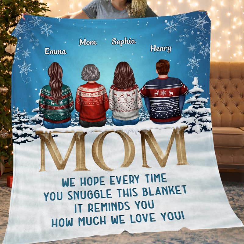Mom We Love You Snow Blue Background - Personalized Fleece Blanket