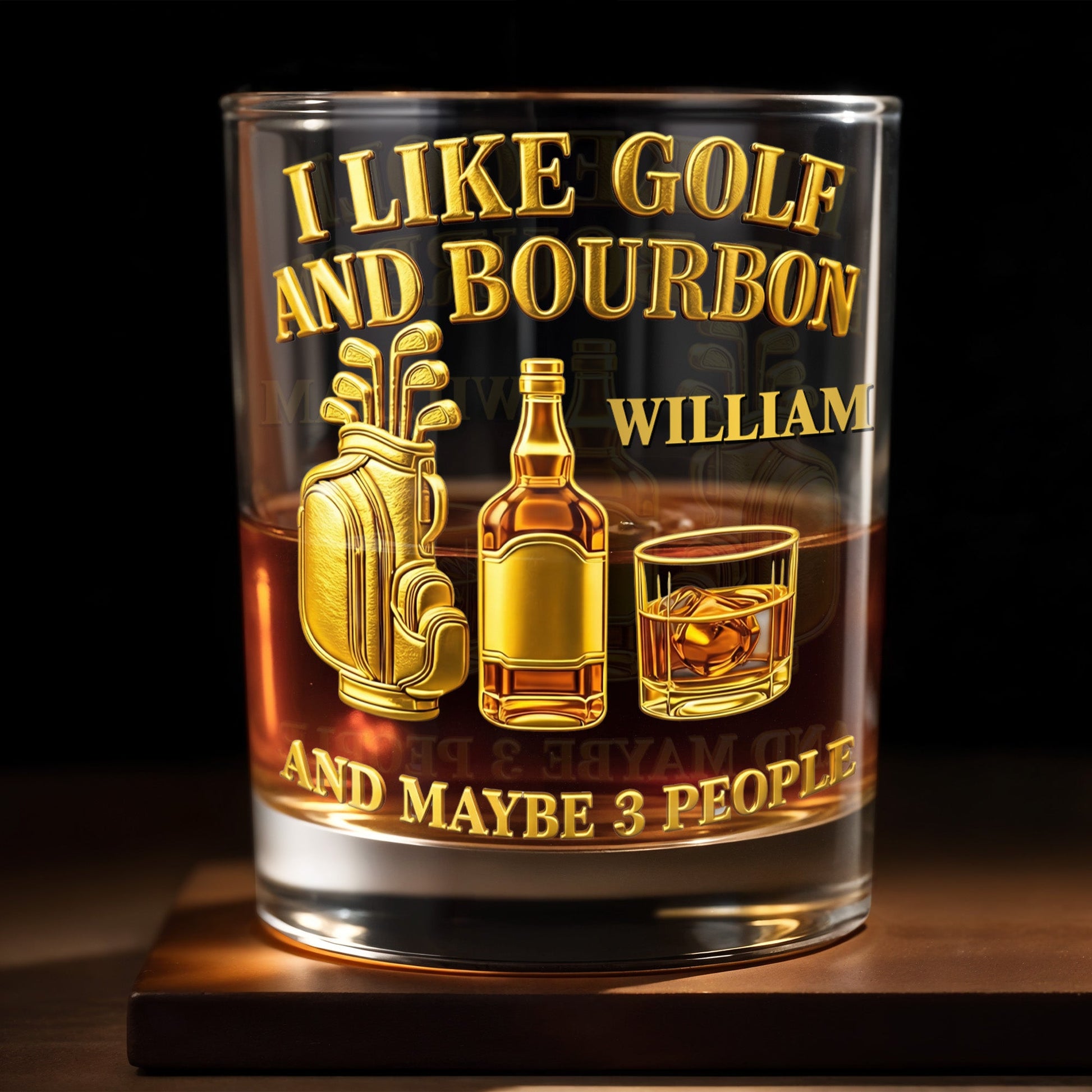 I Like Golf And Bourbon With Gold Golf Bag And Whiskey Bottle - Personalized Custom Whiskey Glass - GOLF017_RWG