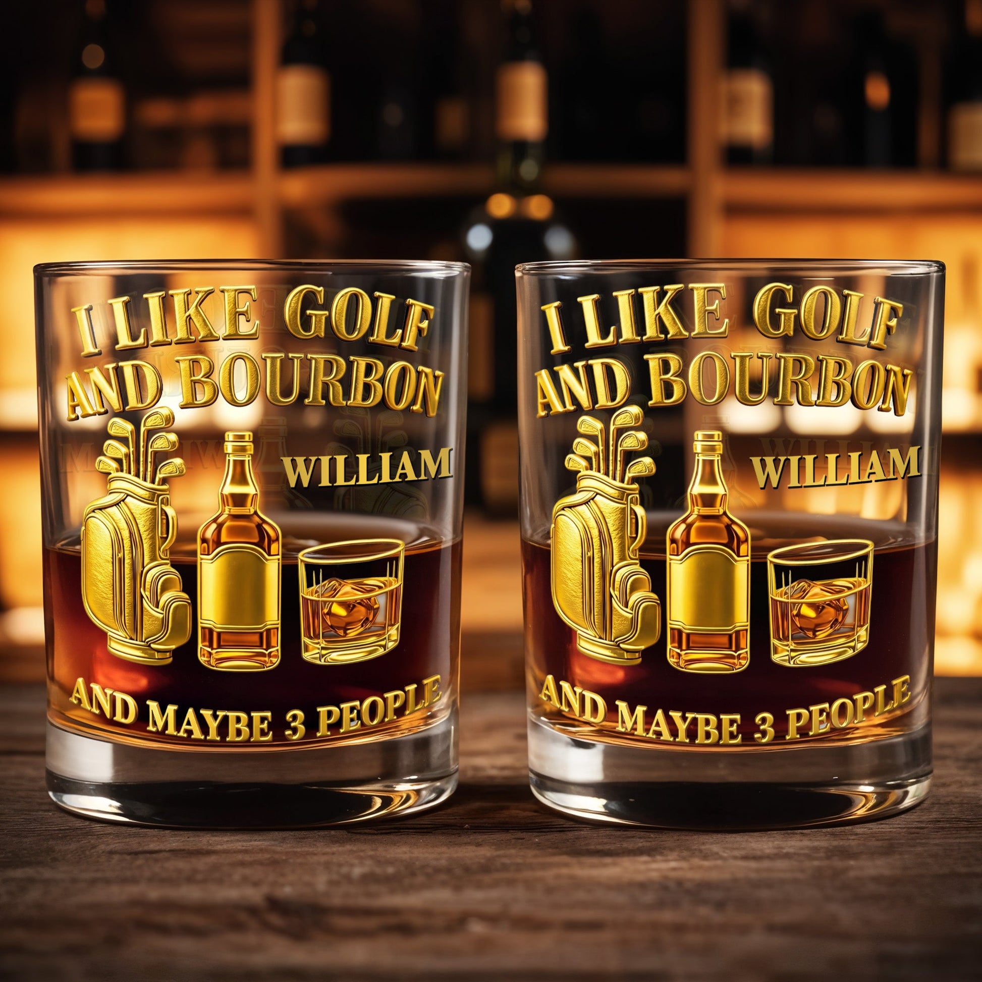 I Like Golf And Bourbon With Gold Golf Bag And Whiskey Bottle - Personalized Custom Whiskey Glass - GOLF017_RWG