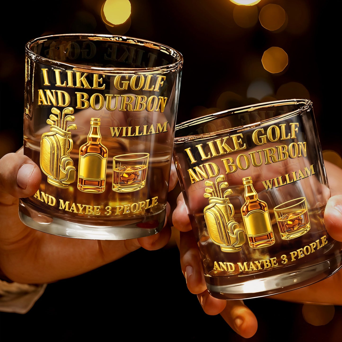 I Like Golf And Bourbon With Gold Golf Bag And Whiskey Bottle - Personalized Custom Whiskey Glass - GOLF017_RWG
