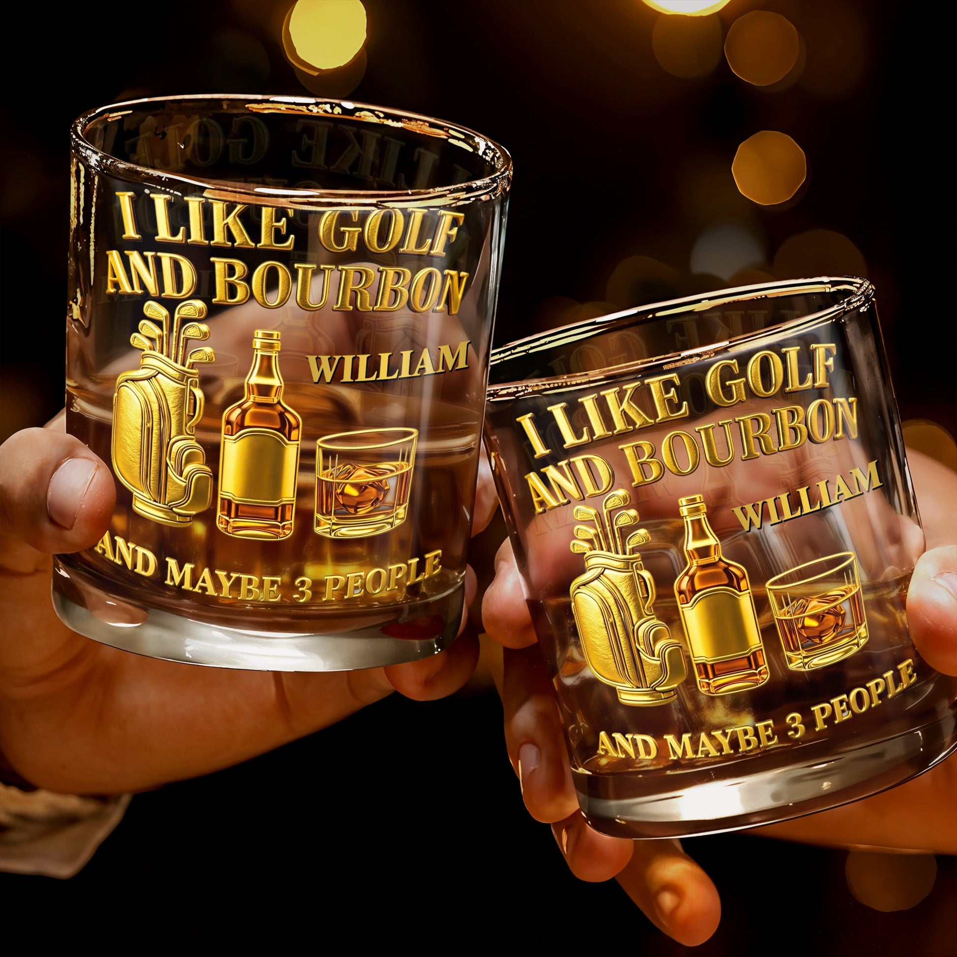 I Like Golf And Bourbon With Gold Golf Bag And Whiskey Bottle - Personalized Custom Whiskey Glass - GOLF017_RWG