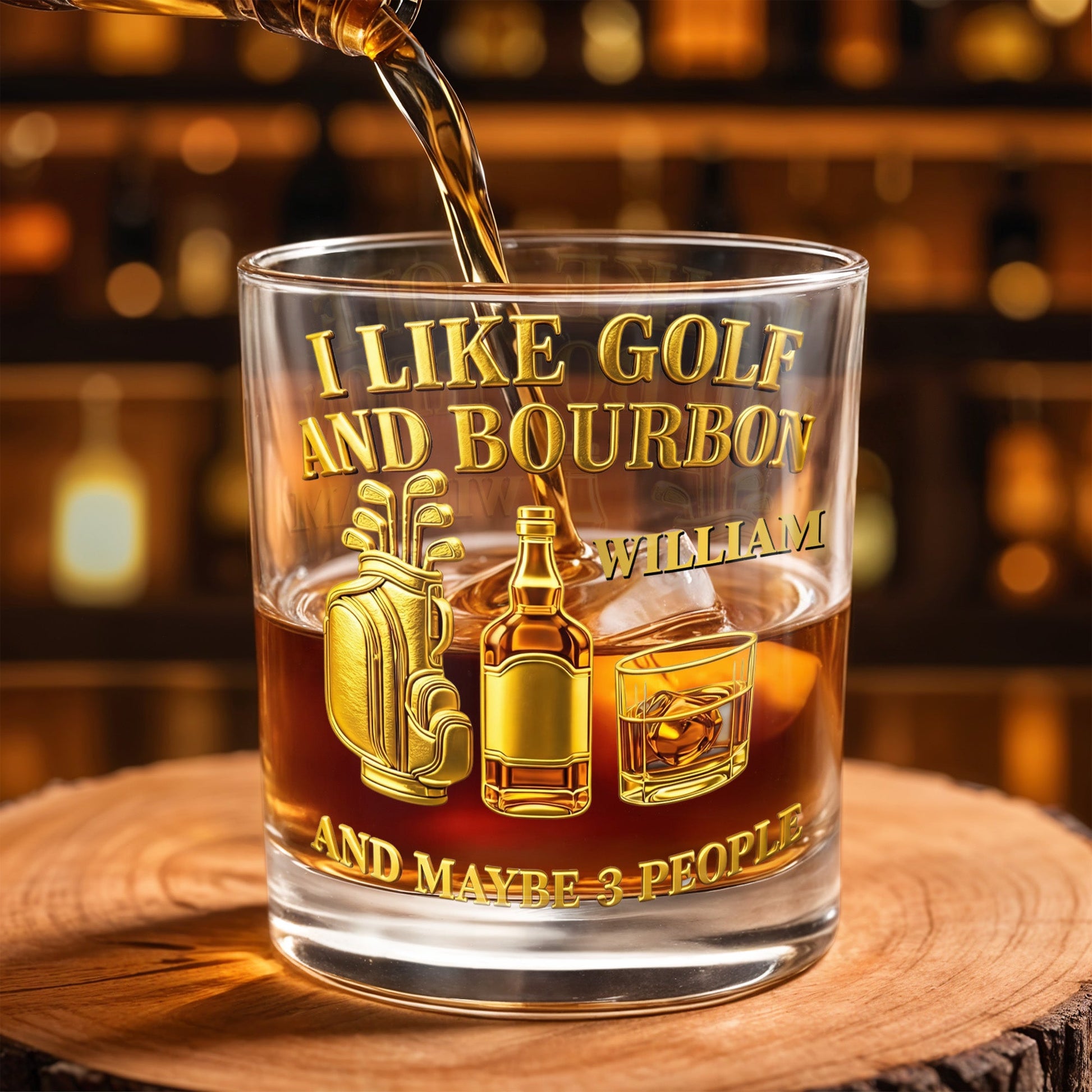 I Like Golf And Bourbon With Gold Golf Bag And Whiskey Bottle - Personalized Custom Whiskey Glass - GOLF017_RWG